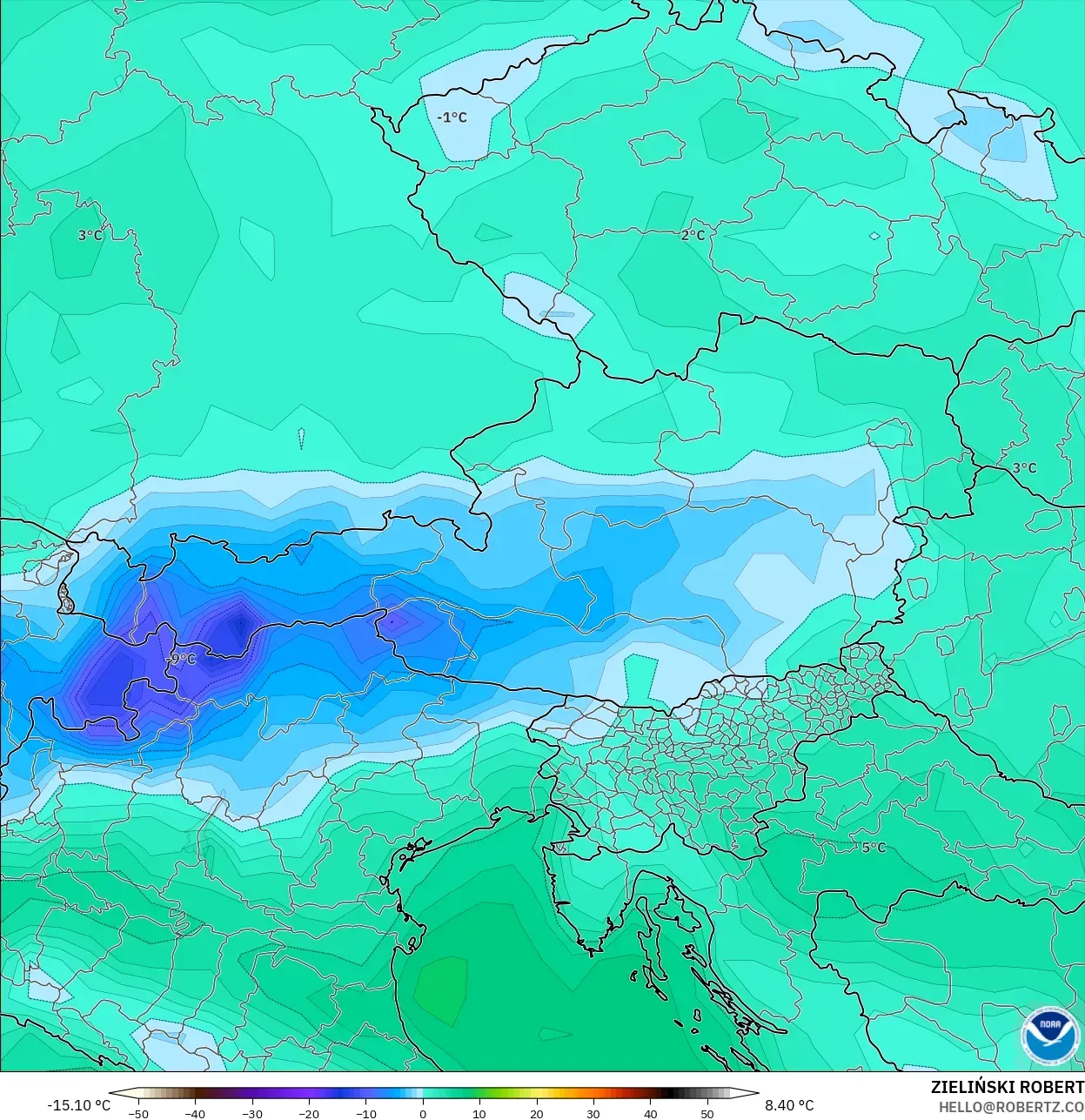 GFS modelo - Austria, Punto de rocío a 2 m