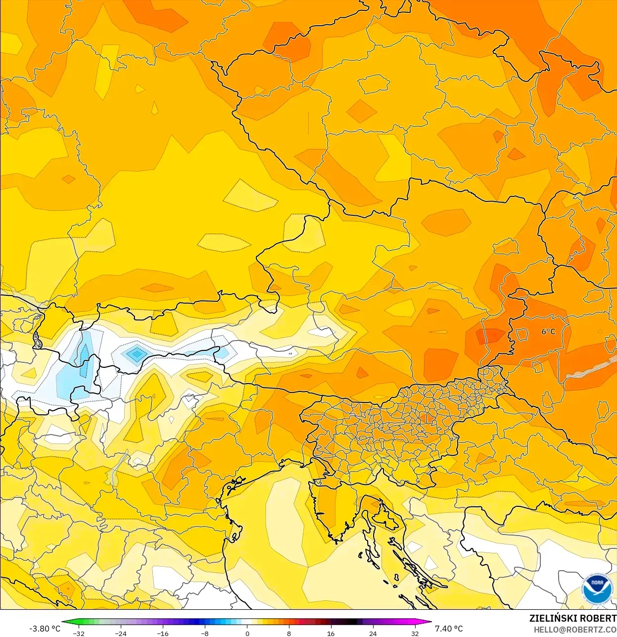 GFS modelo - Austria, Anomalía de temperatura a 2 m