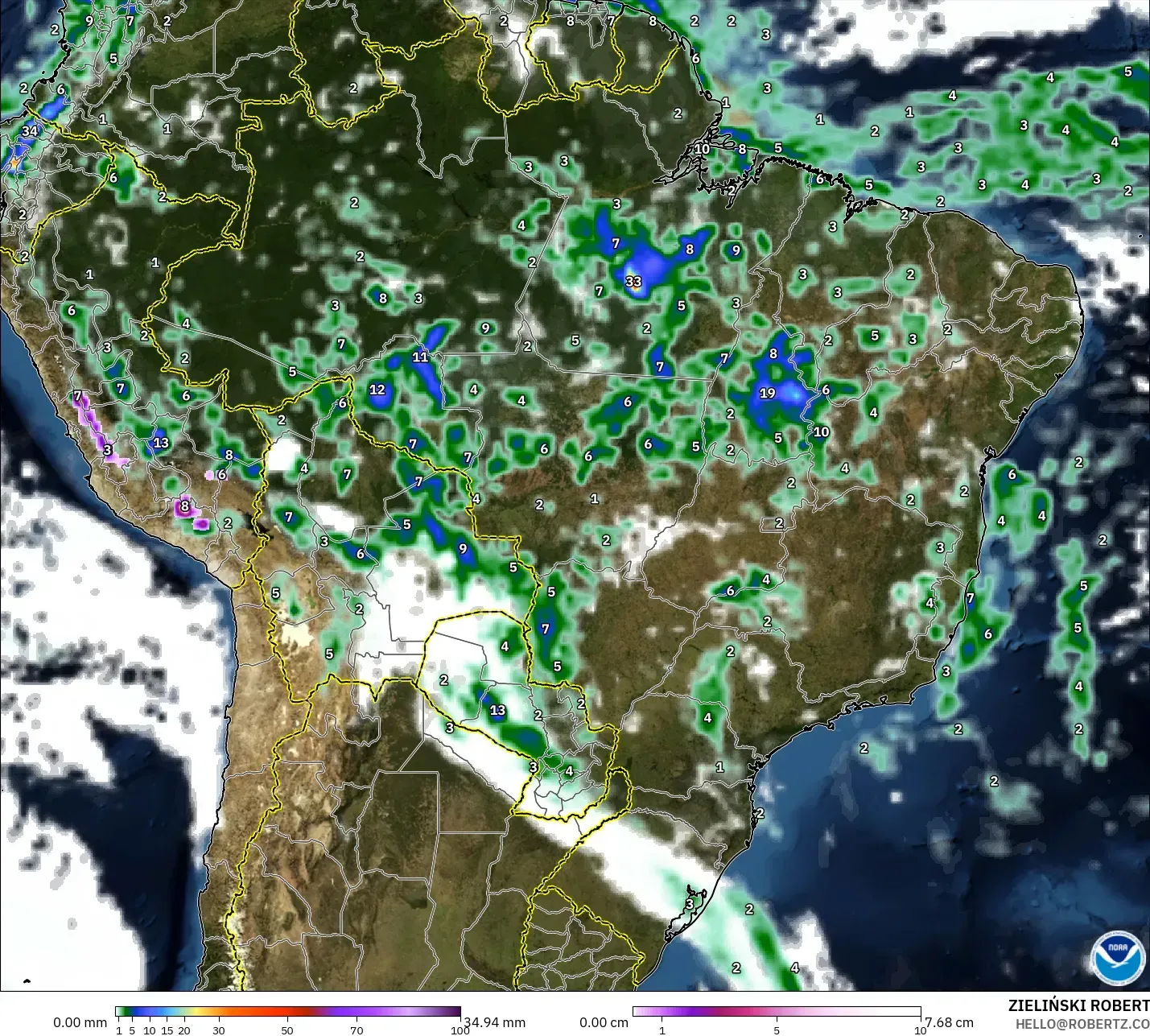 GFS modelo - Brasil, Precipitación, nubes y presión