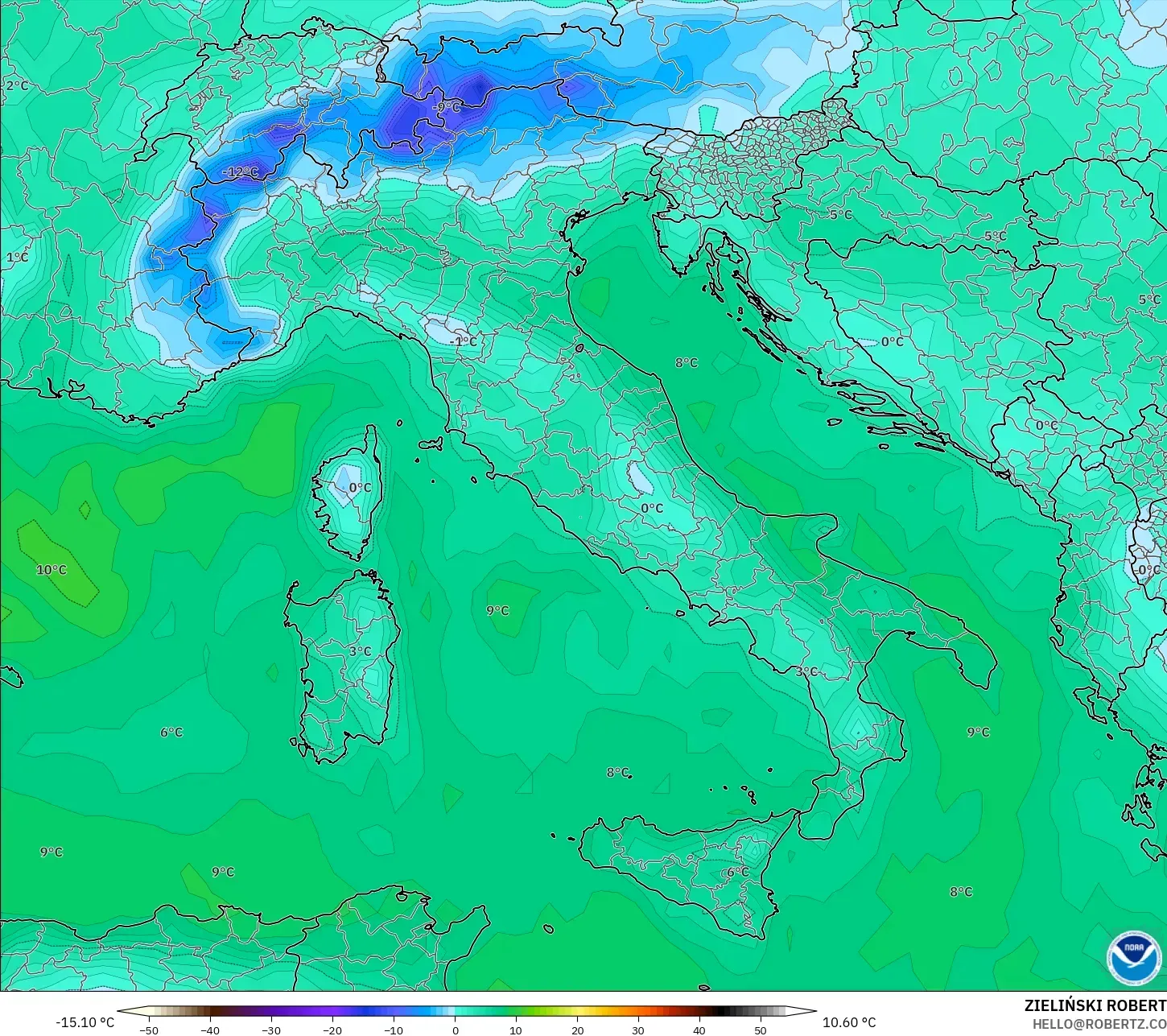 GFS modelo - Italia, Punto de rocío a 2 m