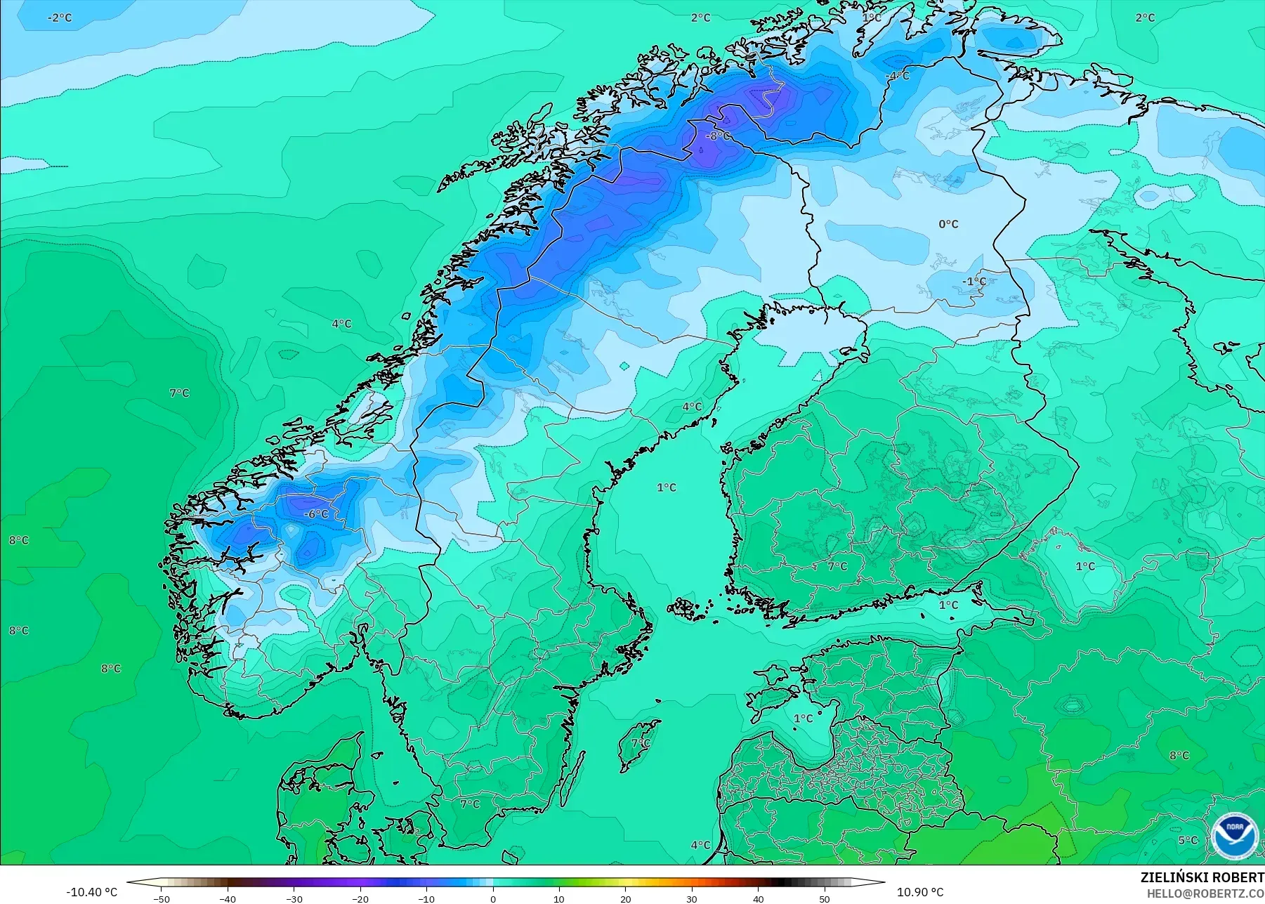 GFS modelo - Escandinavia, Temperatura a 2 m
