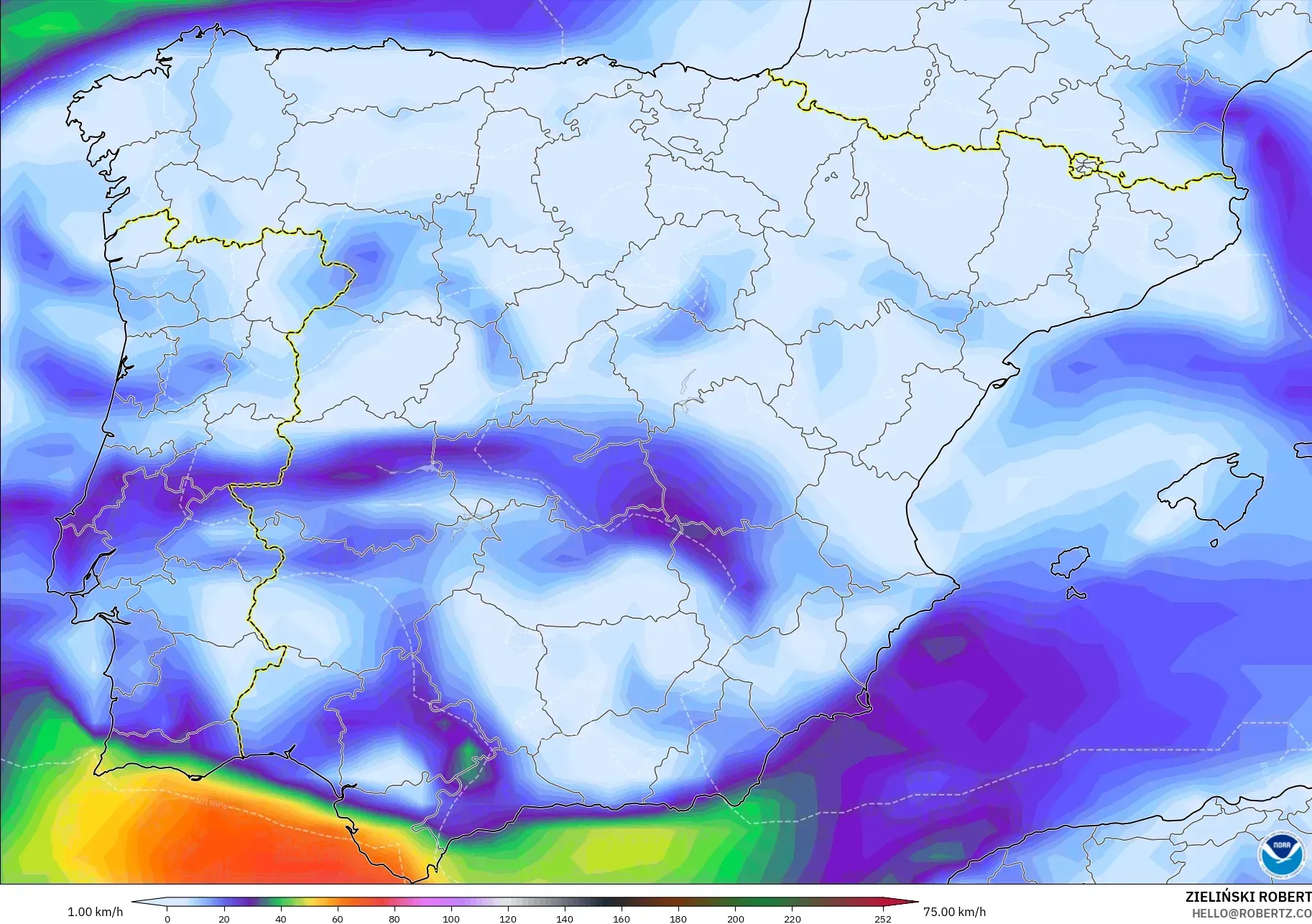 GFS modelo - España, Ráfagas de viento