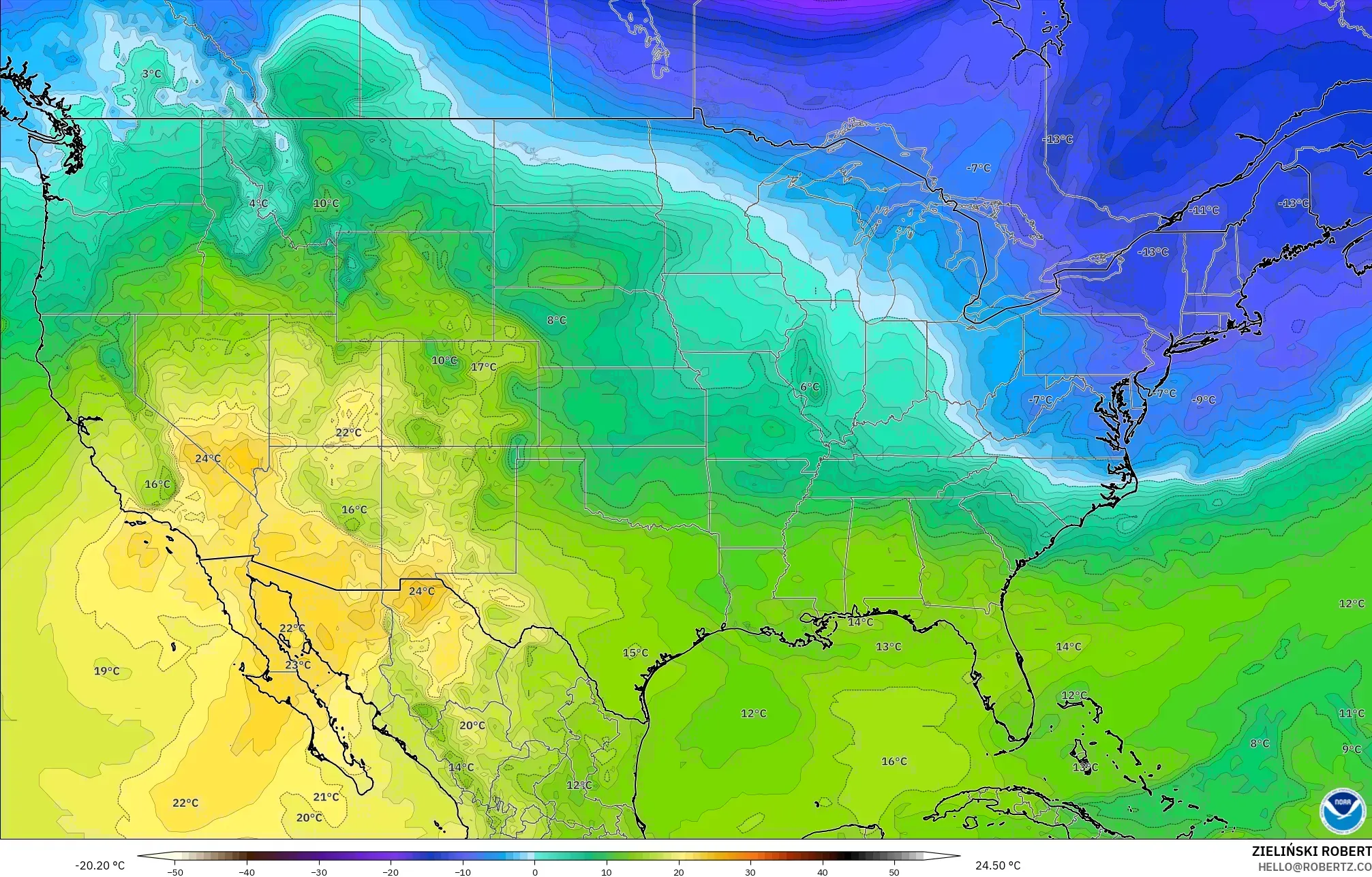 GFS modelo - Estados Unidos, Temperatura a 850 hPa