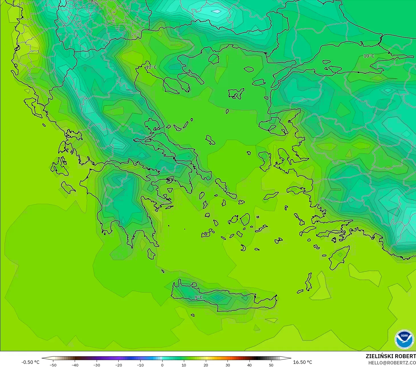 GFS modelo - Grecia, Temperatura a 2 m