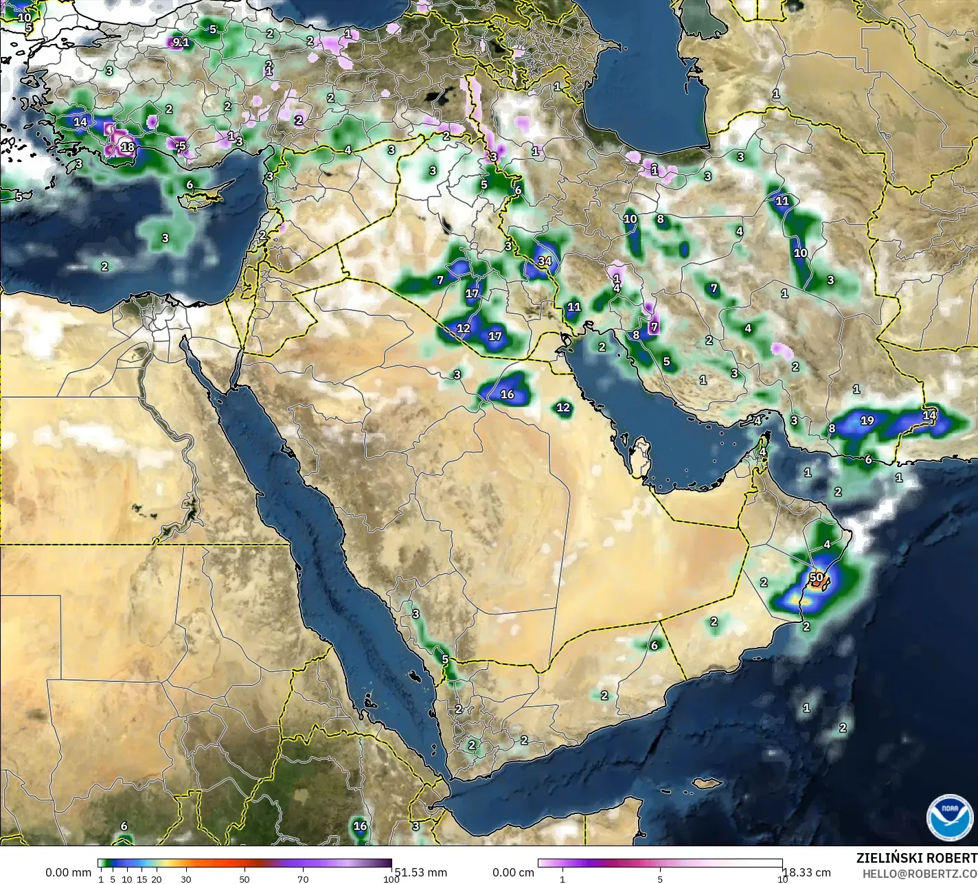 GFS modelo - Oriente Medio, Precipitación, nubes y presión