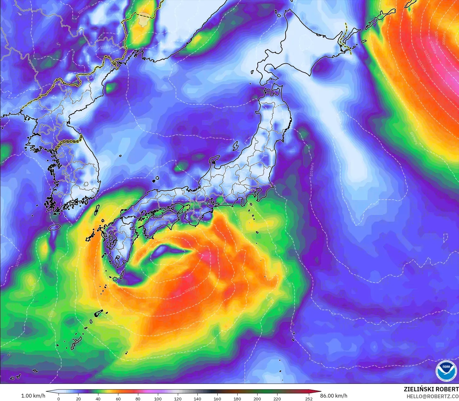GFS modelo - Japón, Ráfagas de viento