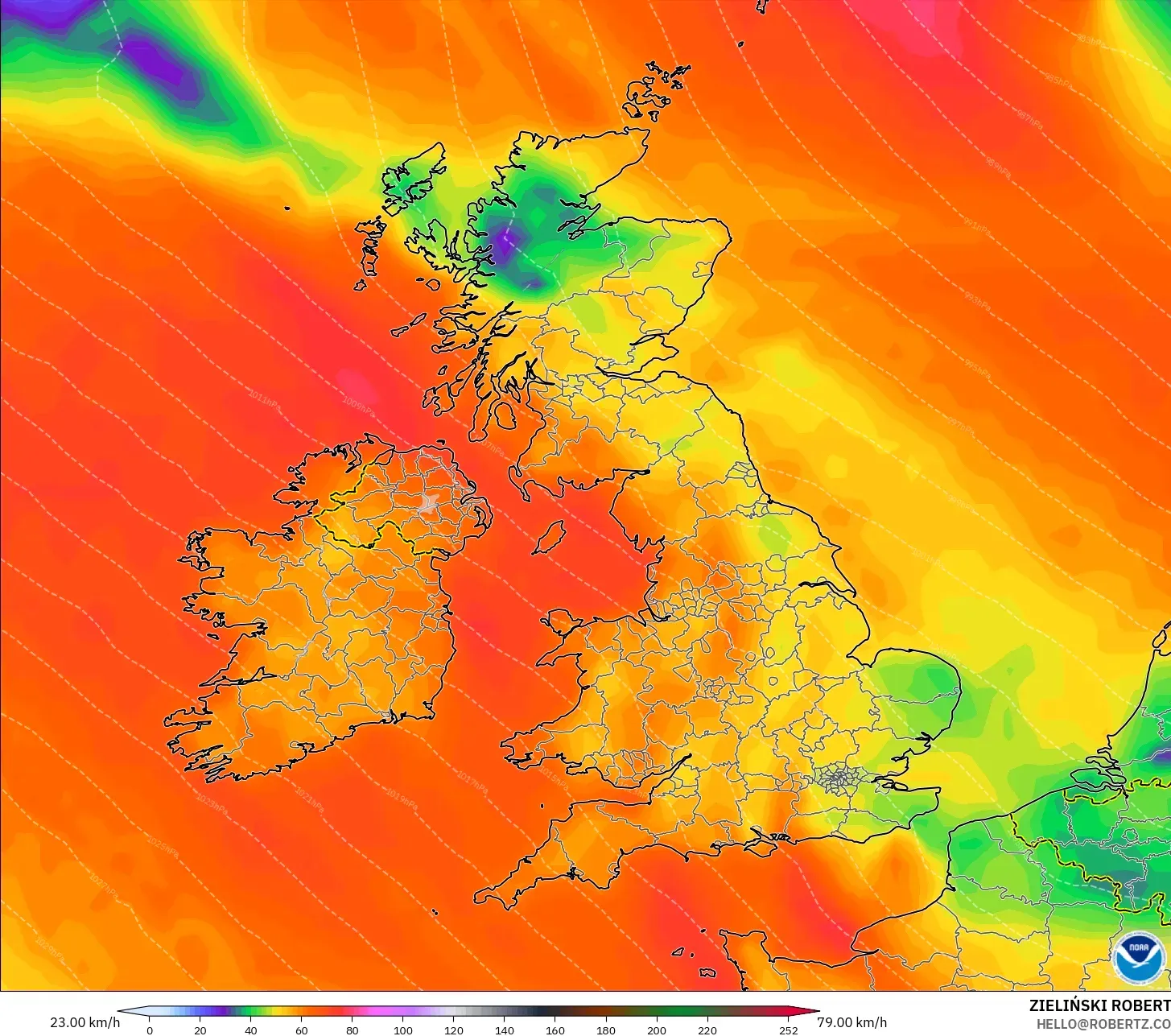 GFS modelo - Reino Unido, Ráfagas de viento