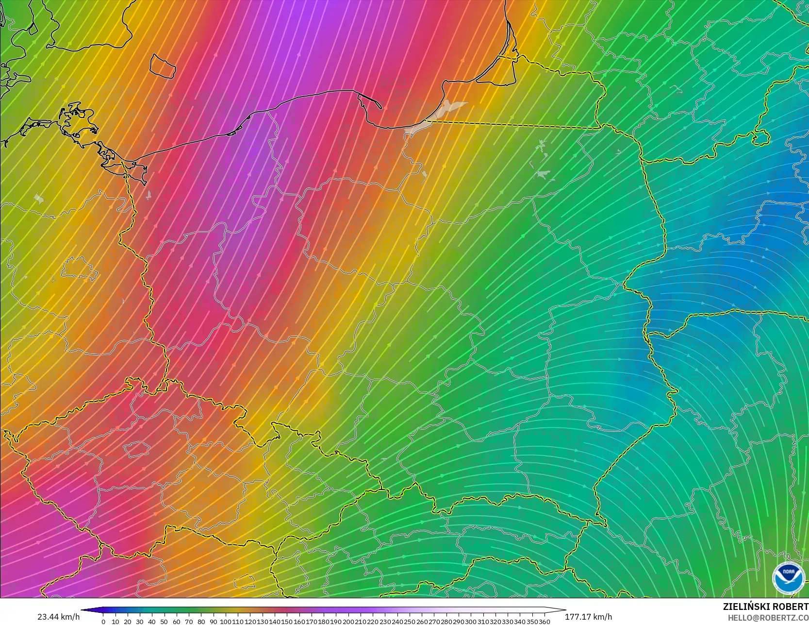 GFS modelo - Polonia, Viento a 300 hPa (corriente en chorro)