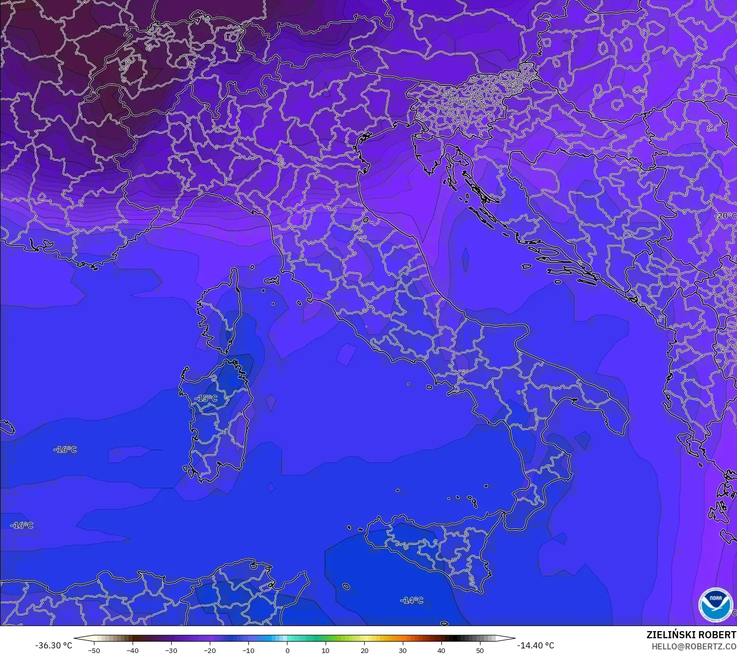 GFS modelo - Italia, Temperatura a 500 hPa