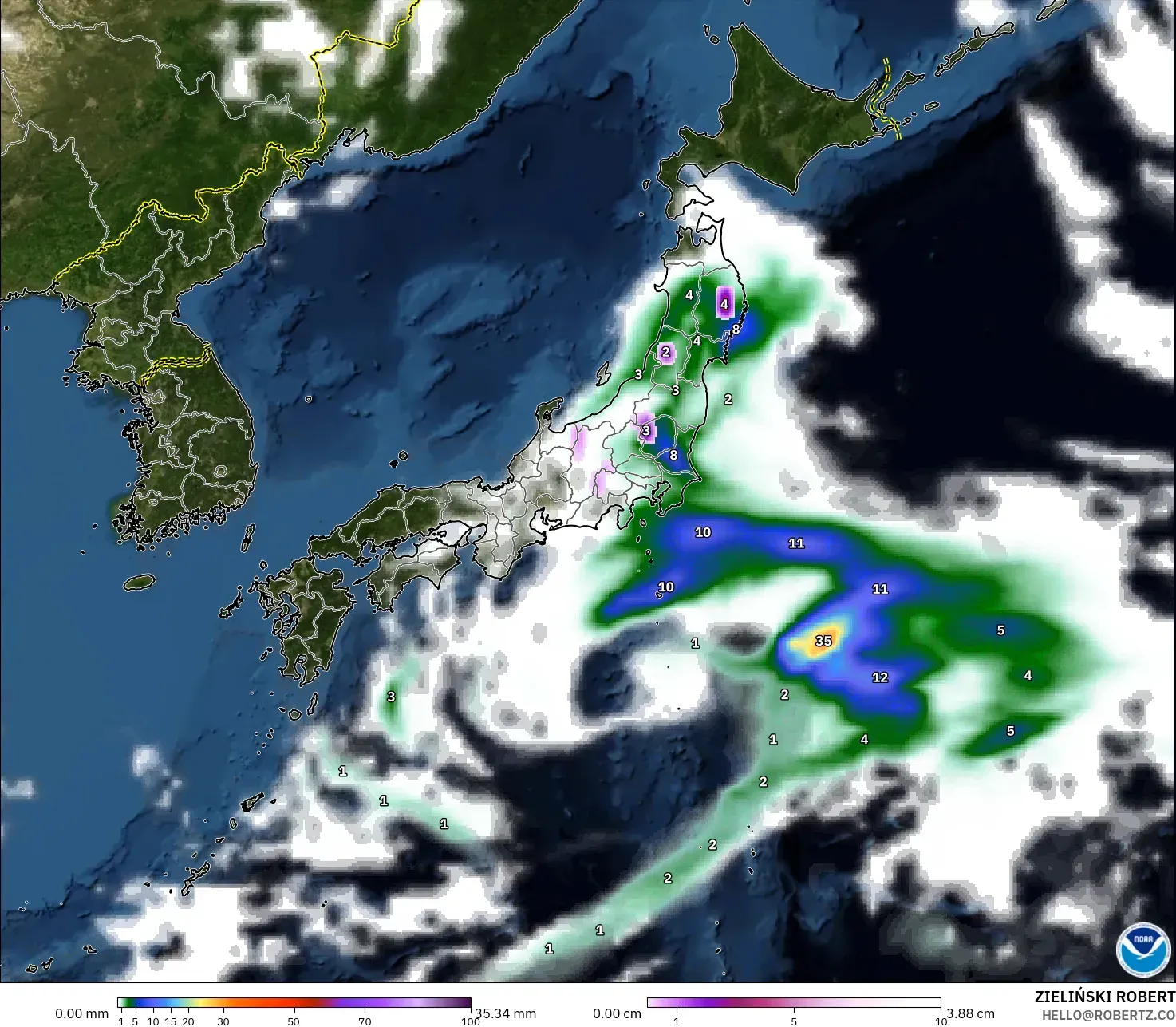GFS modelo - Japón, Precipitación, nubes y presión