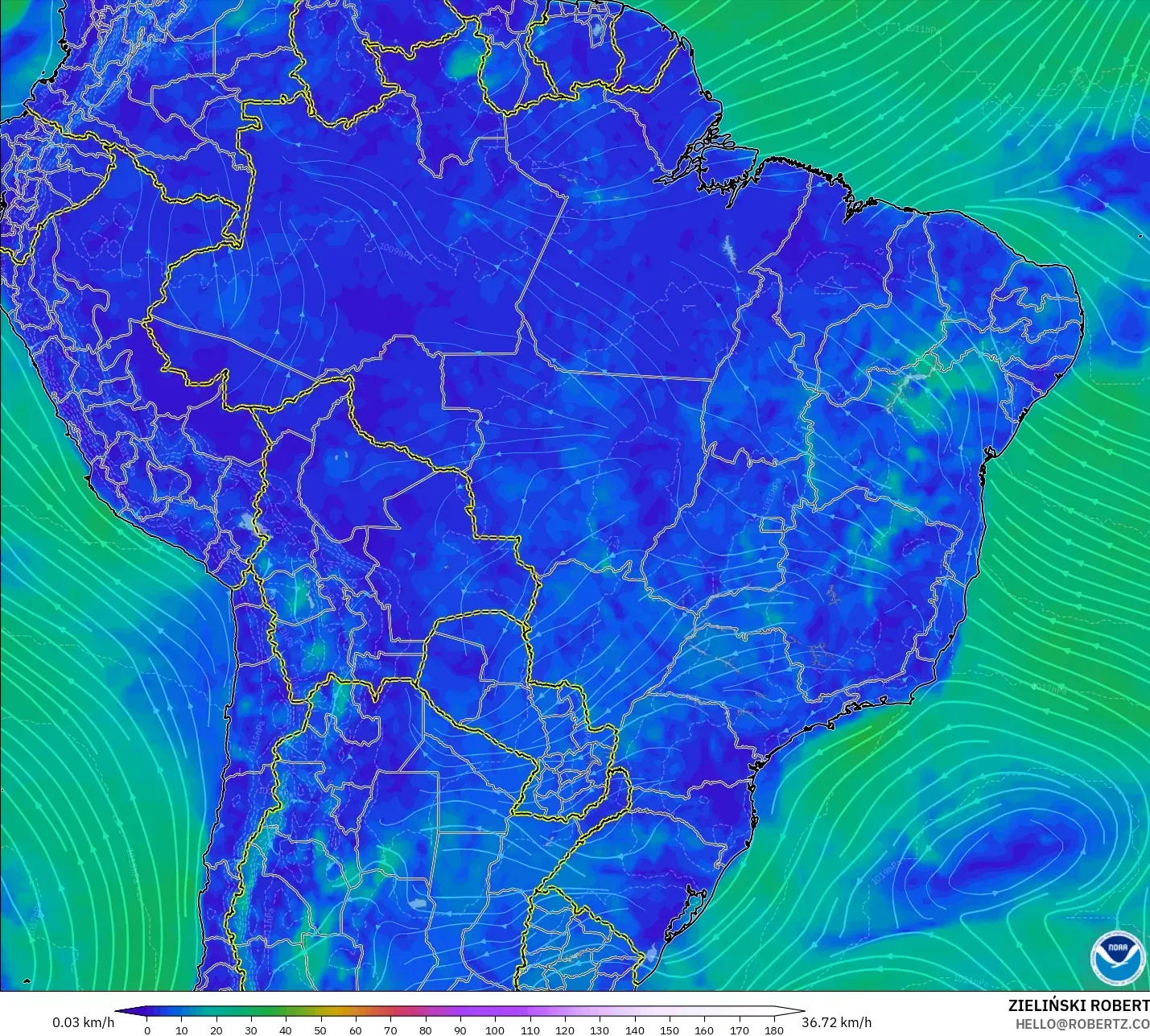 GFS modelo - Brasil, Viento a 10 m