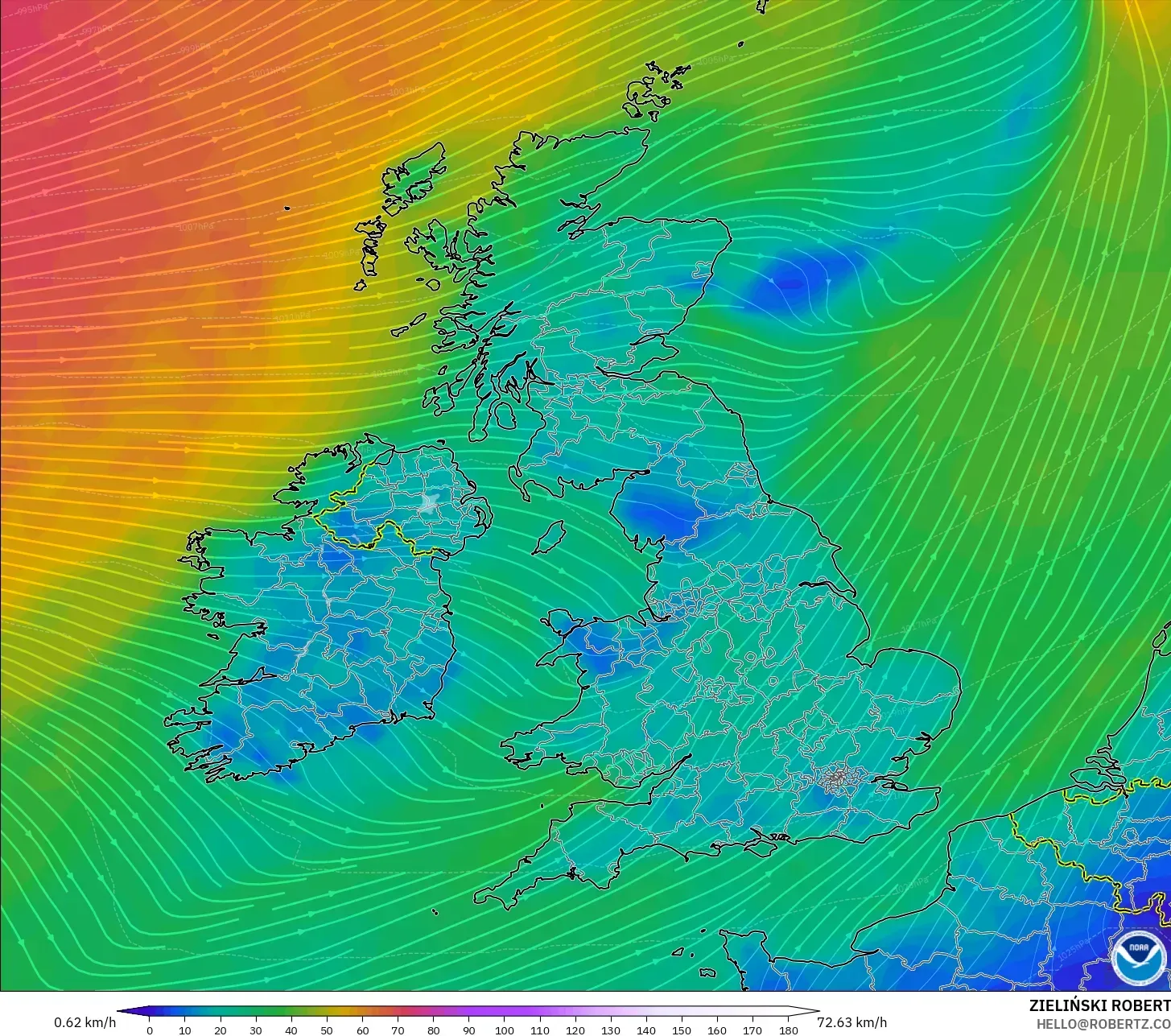 GFS modelo - Reino Unido, Viento a 10 m