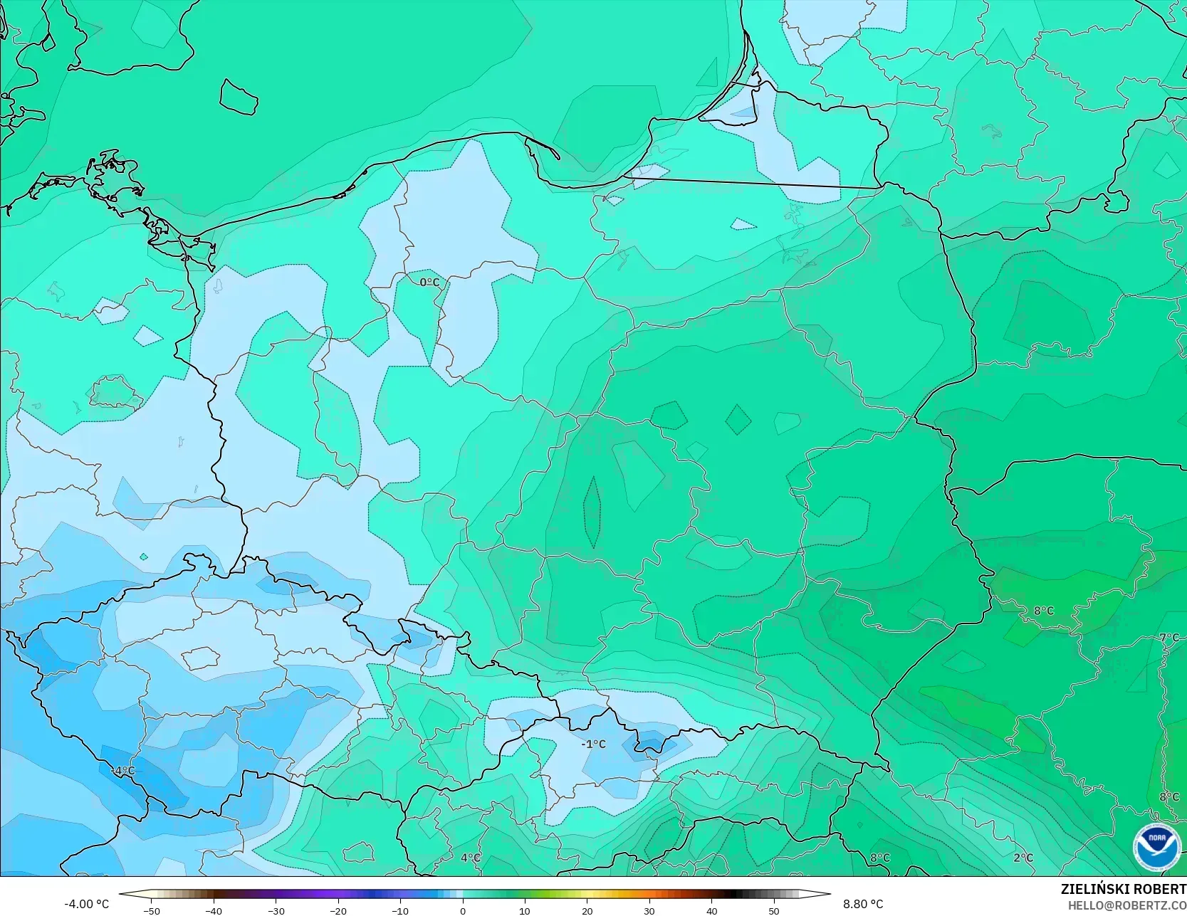 GFS modelo - Polonia, Temperatura a 2 m