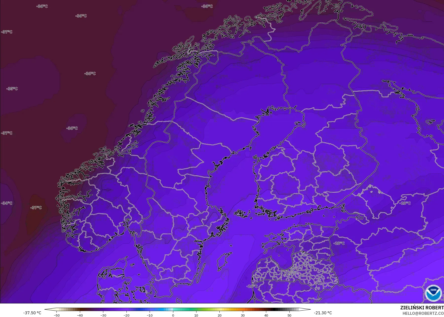 GFS modelo - Escandinavia, Temperatura a 500 hPa