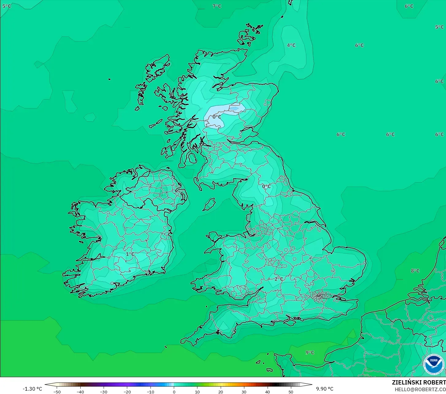 GFS modelo - Reino Unido, Temperatura a 2 m