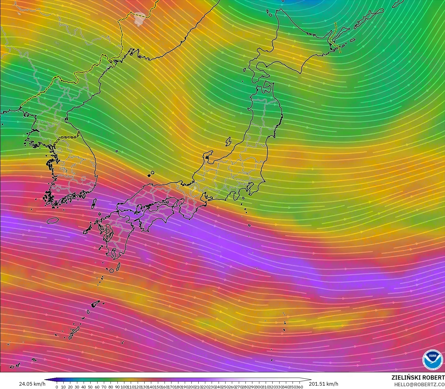 GFS modelo - Japón, Viento a 300 hPa (corriente en chorro)