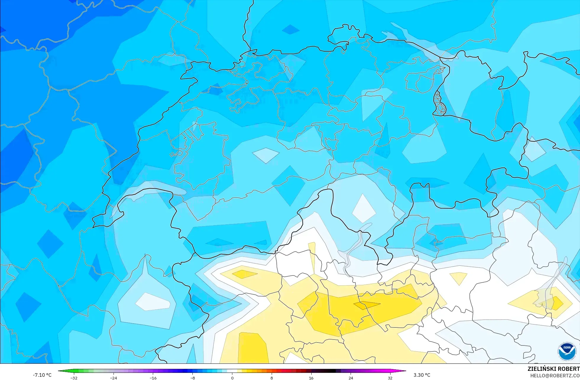 GFS modelo - Suiza, Anomalía de temperatura a 2 m