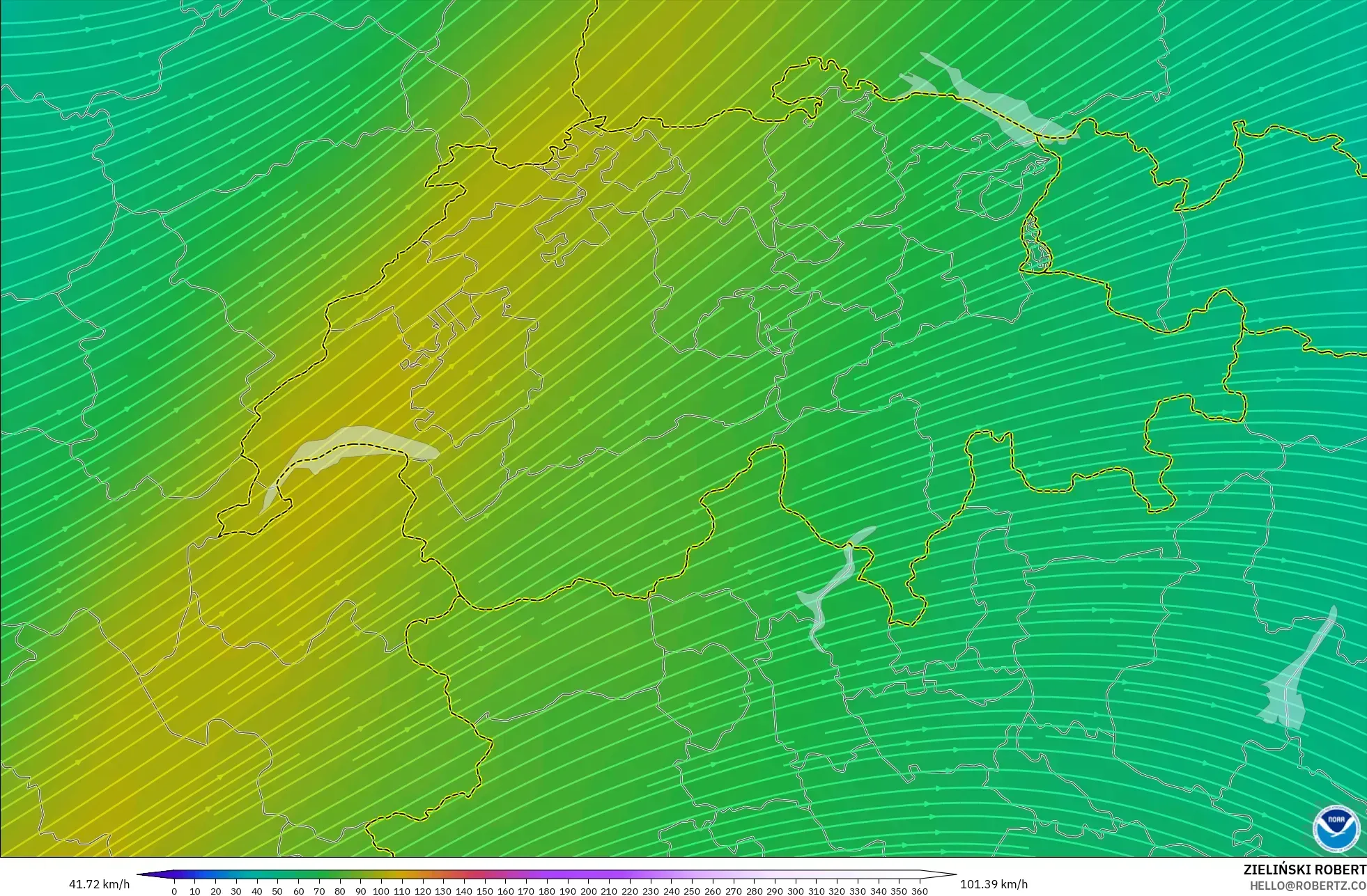 GFS modelo - Suiza, Viento a 300 hPa (corriente en chorro)