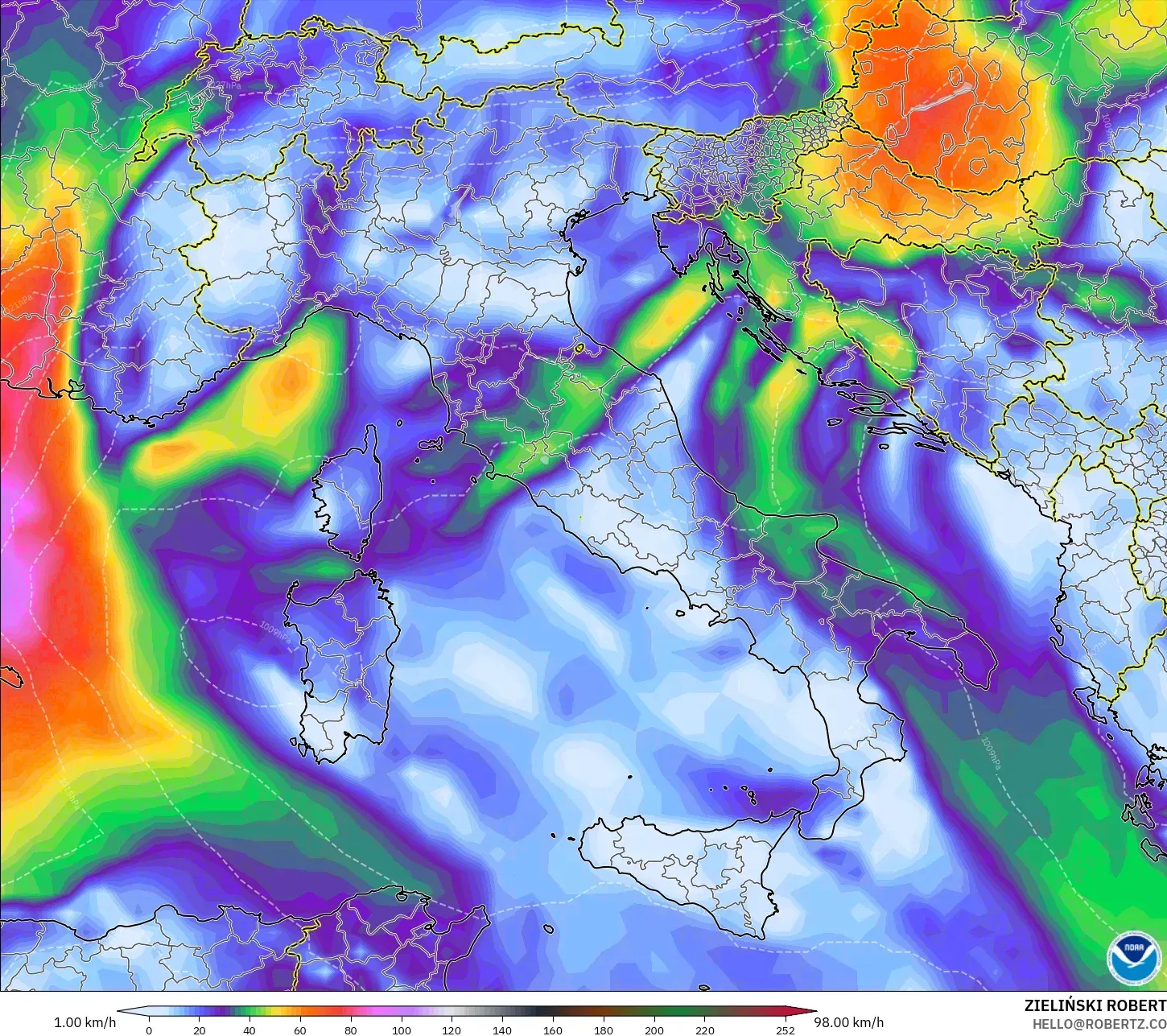 GFS modelo - Italia, Ráfagas de viento