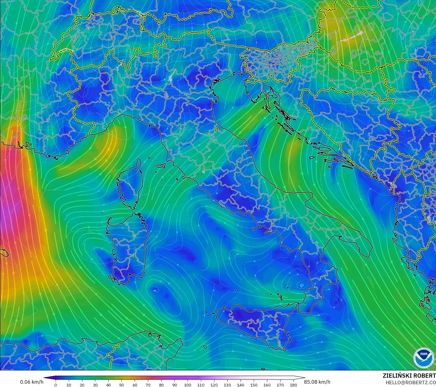 GFS modelo - Italia, Viento a 10 m
