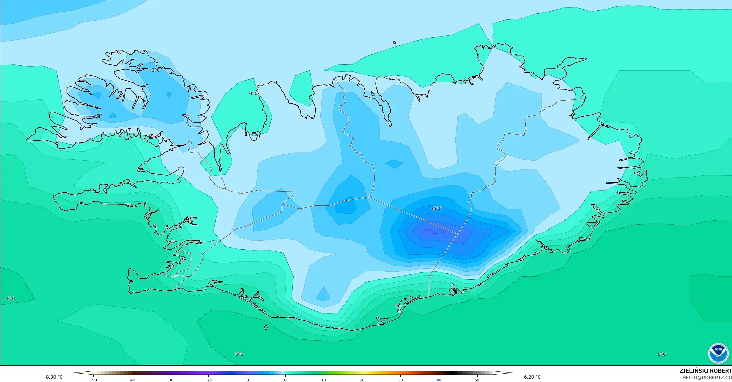 GFS modelo - Islandia, Temperatura a 2 m