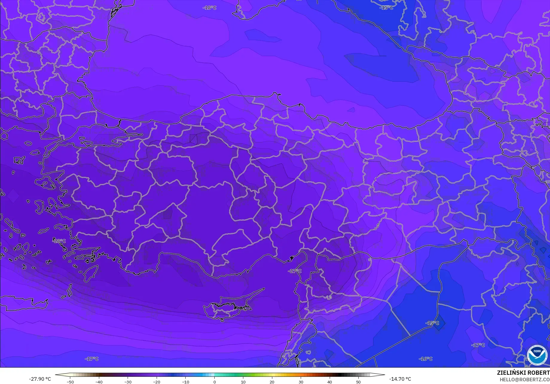 GFS modelo - Turquía, Temperatura a 500 hPa