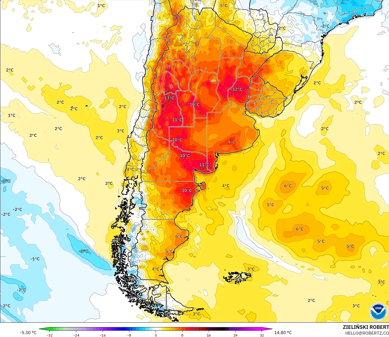 GFS modelo - Argentina, Anomalía de temperatura a 2 m