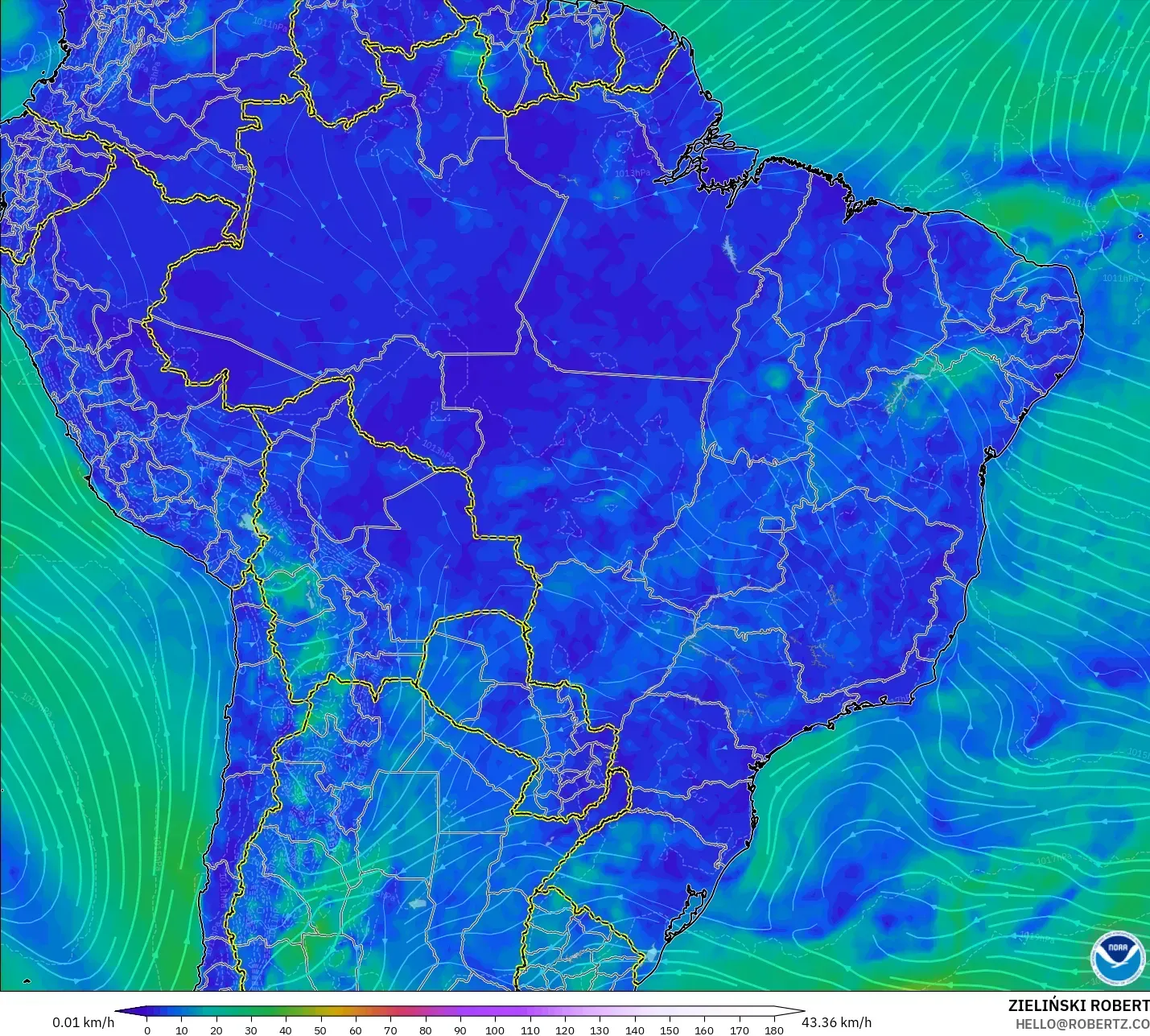 GFS modelo - Brasil, Viento a 10 m