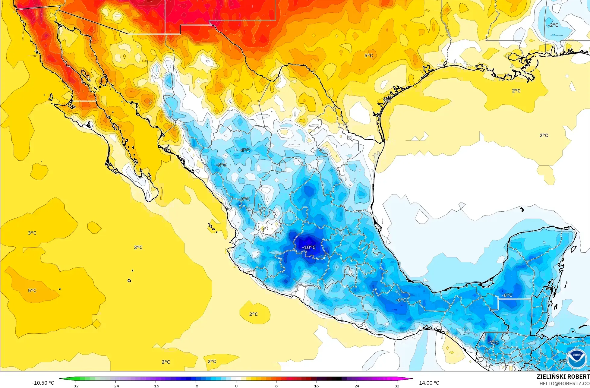 GFS modelo - México, Anomalía de temperatura a 2 m
