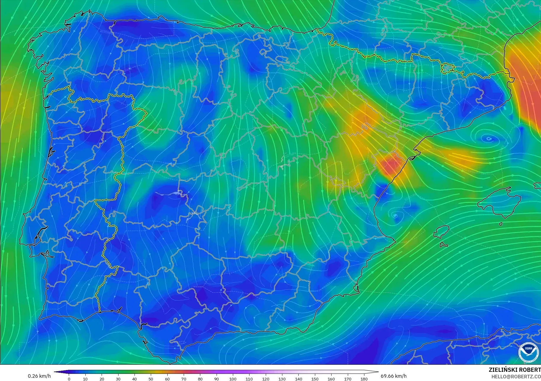 GFS modelo - España, Viento a 10 m