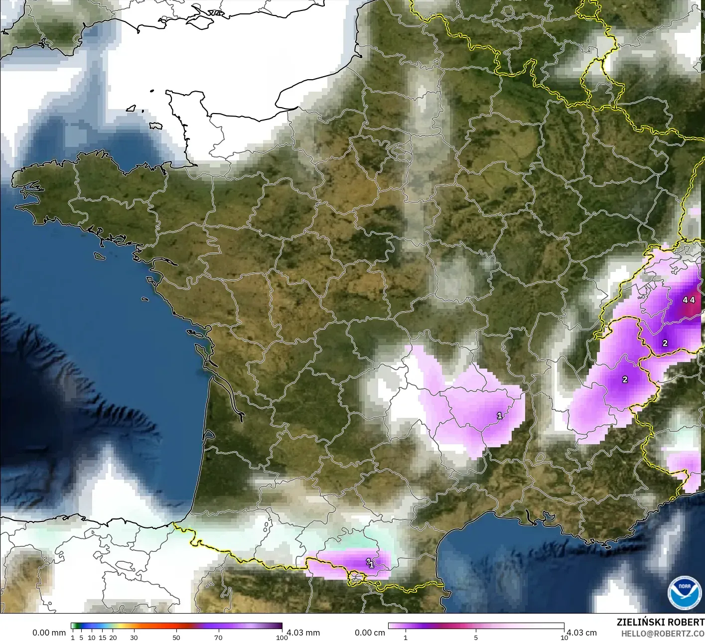 GFS modelo - Francia, Precipitación, nubes y presión