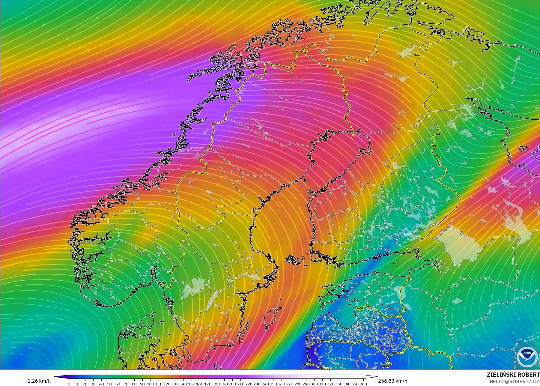 GFS modelo - Escandinavia, Viento a 300 hPa (corriente en chorro)