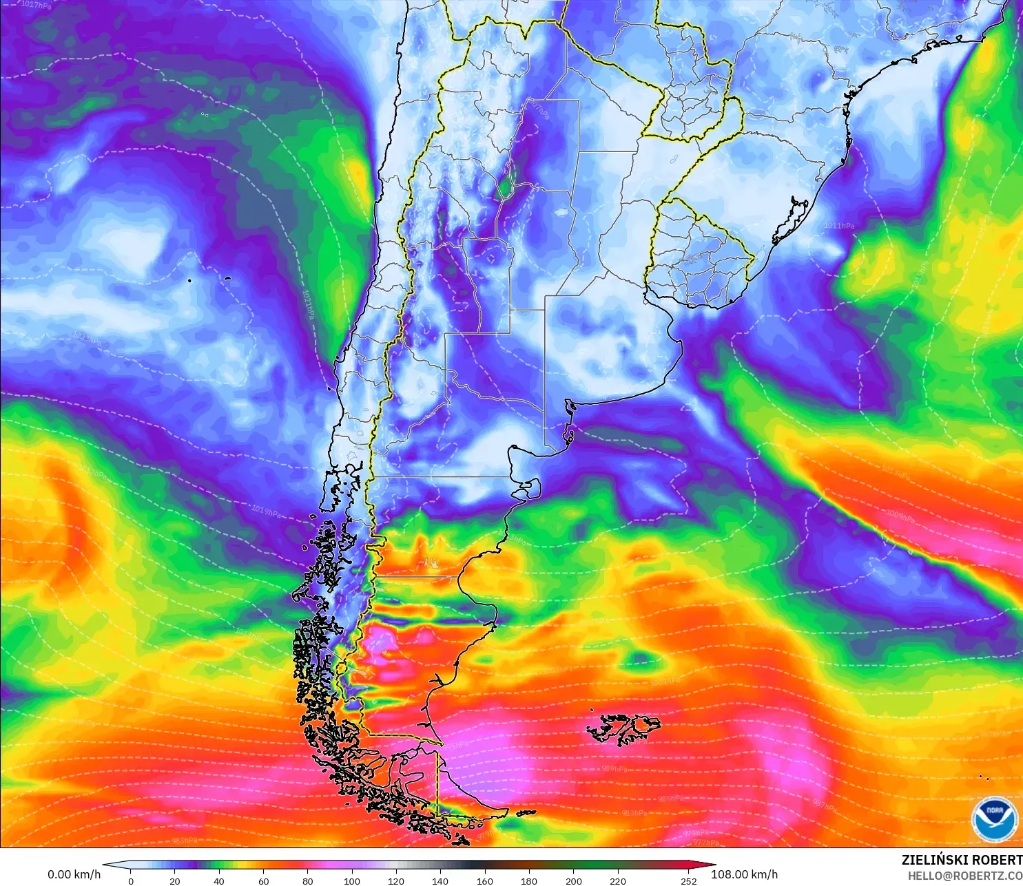 GFS modelo - Argentina, Ráfagas de Viento Máximas