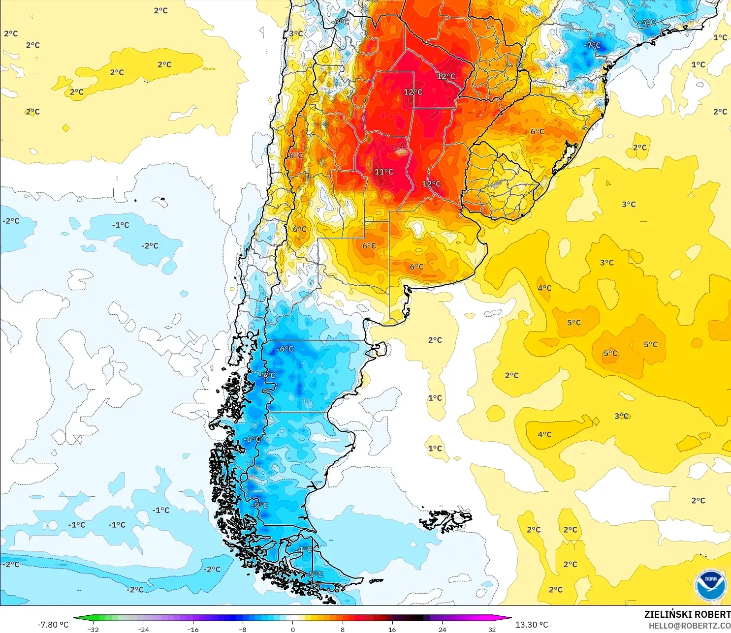 GFS modelo - Argentina, Anomalía de temperatura a 2 m