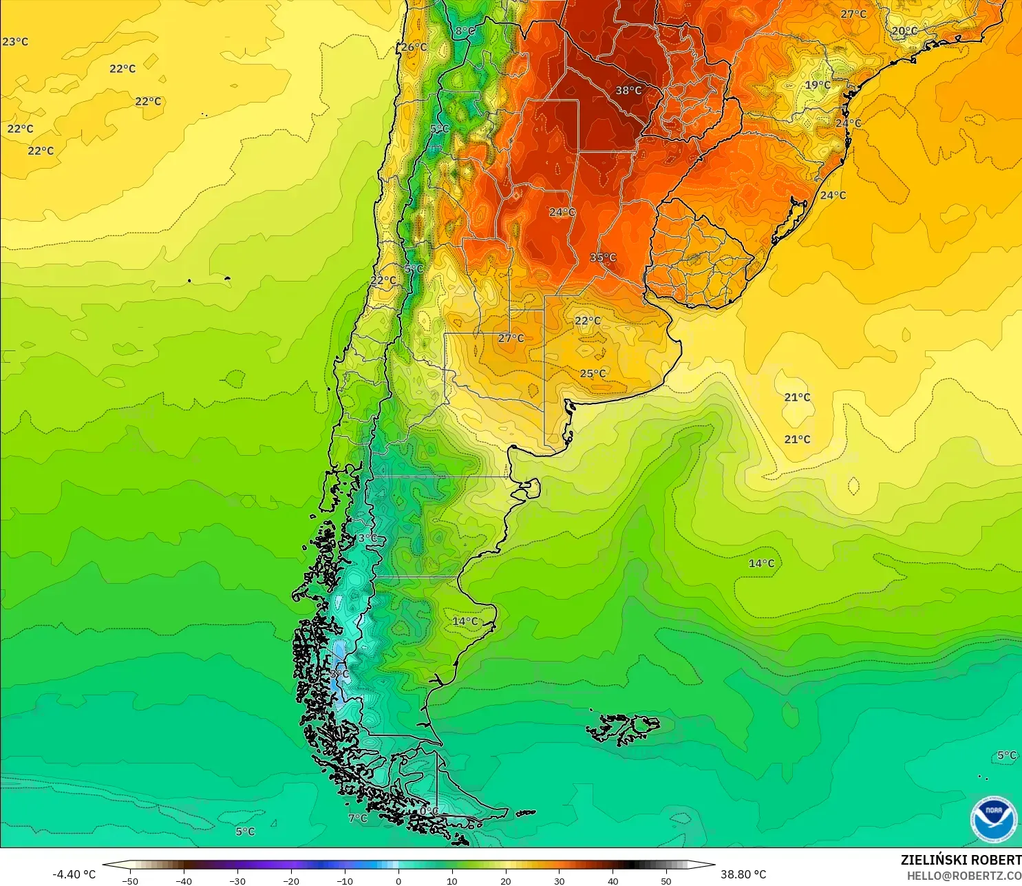 GFS modelo - Argentina, Temperatura a 2 m