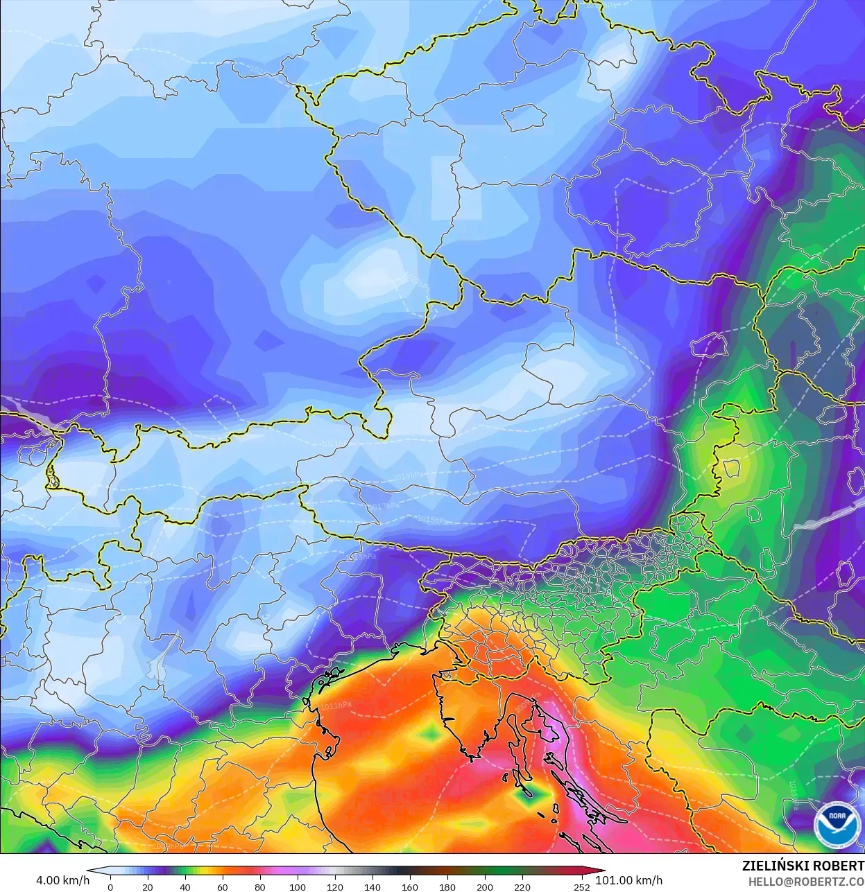 GFS modelo - Austria, Ráfagas de Viento Máximas