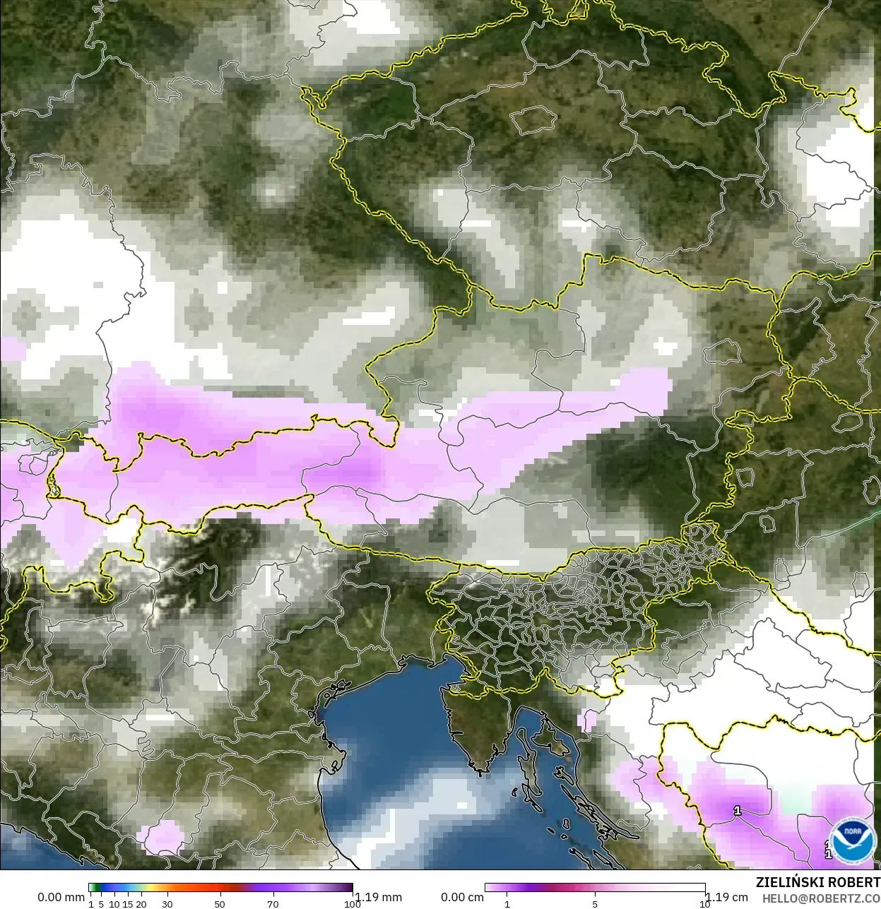 GFS modelo - Austria, Precipitación, nubes y presión