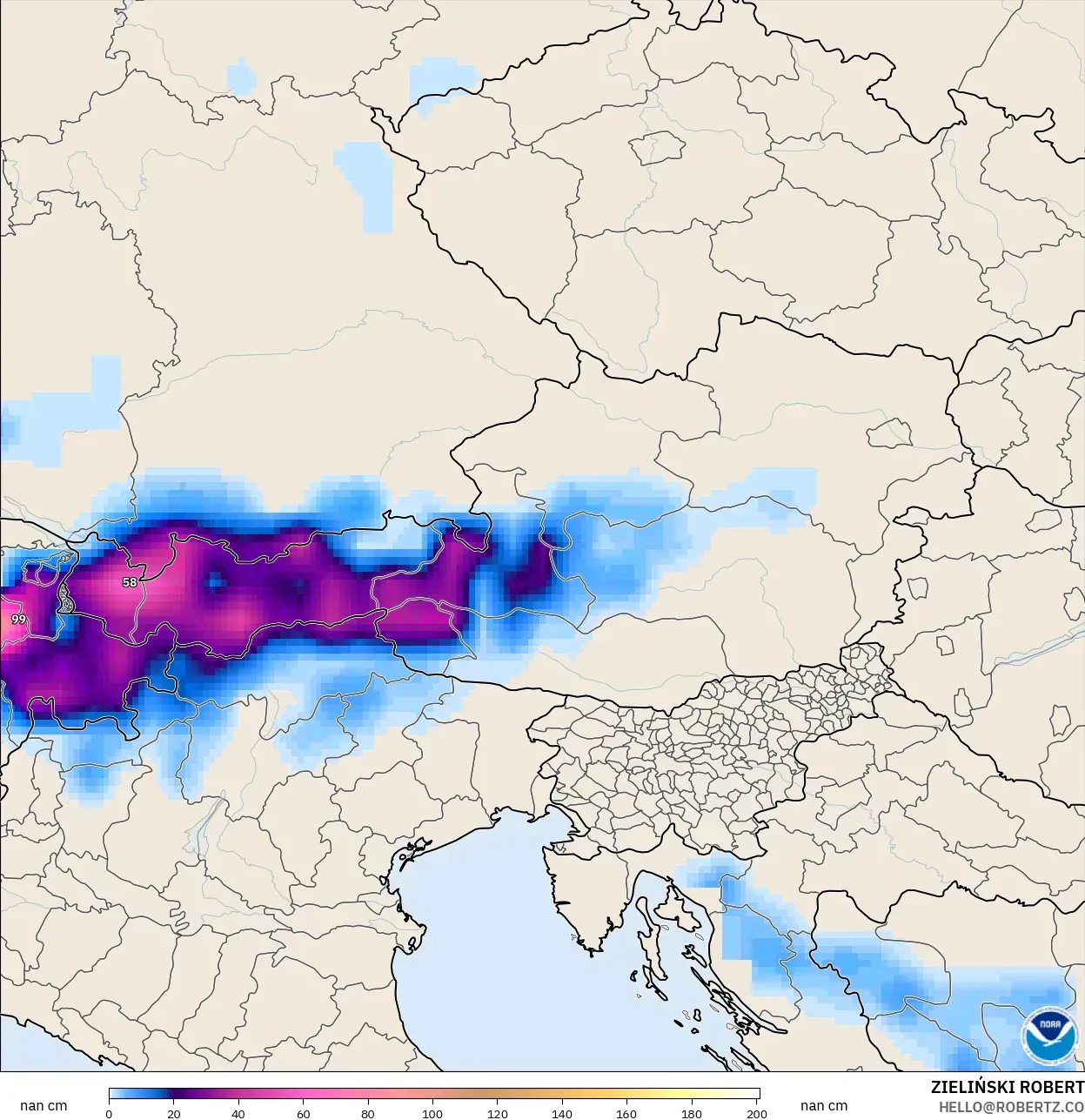 GFS modelo - Austria, Profundidad de nieve