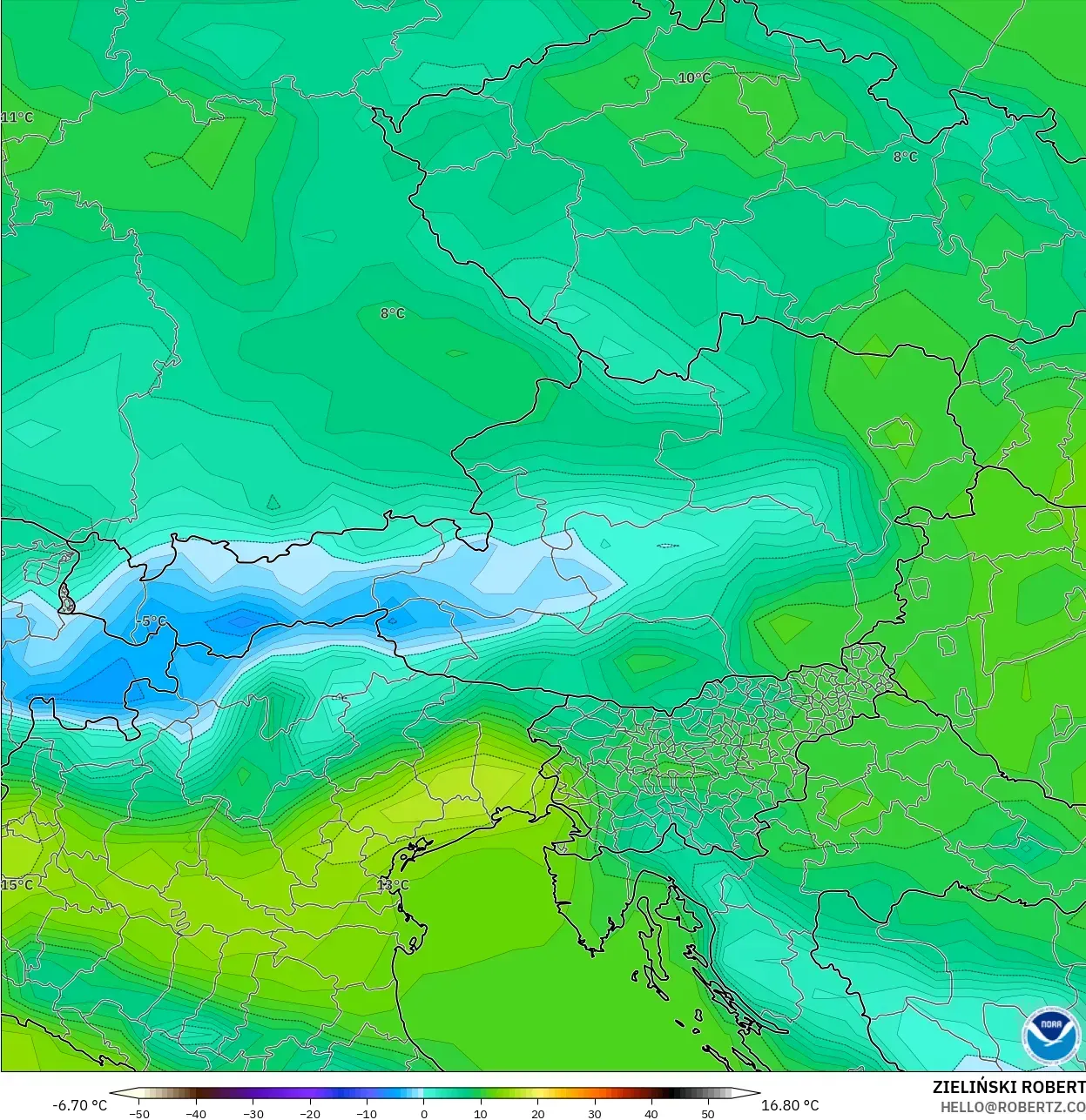 GFS modelo - Austria, Temperatura a 2 m