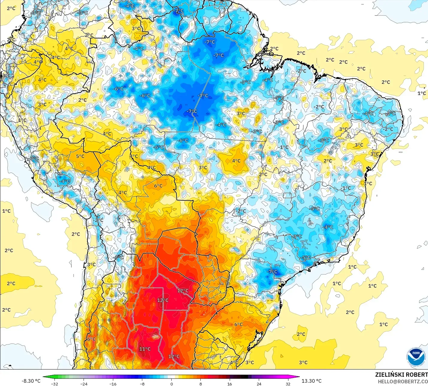 GFS modelo - Brasil, Anomalía de temperatura a 2 m