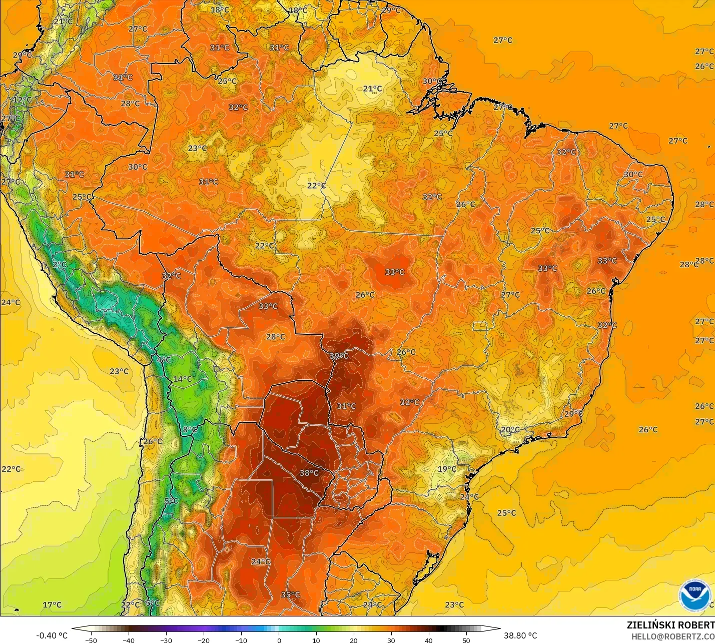 GFS modelo - Brasil, Temperatura a 2 m