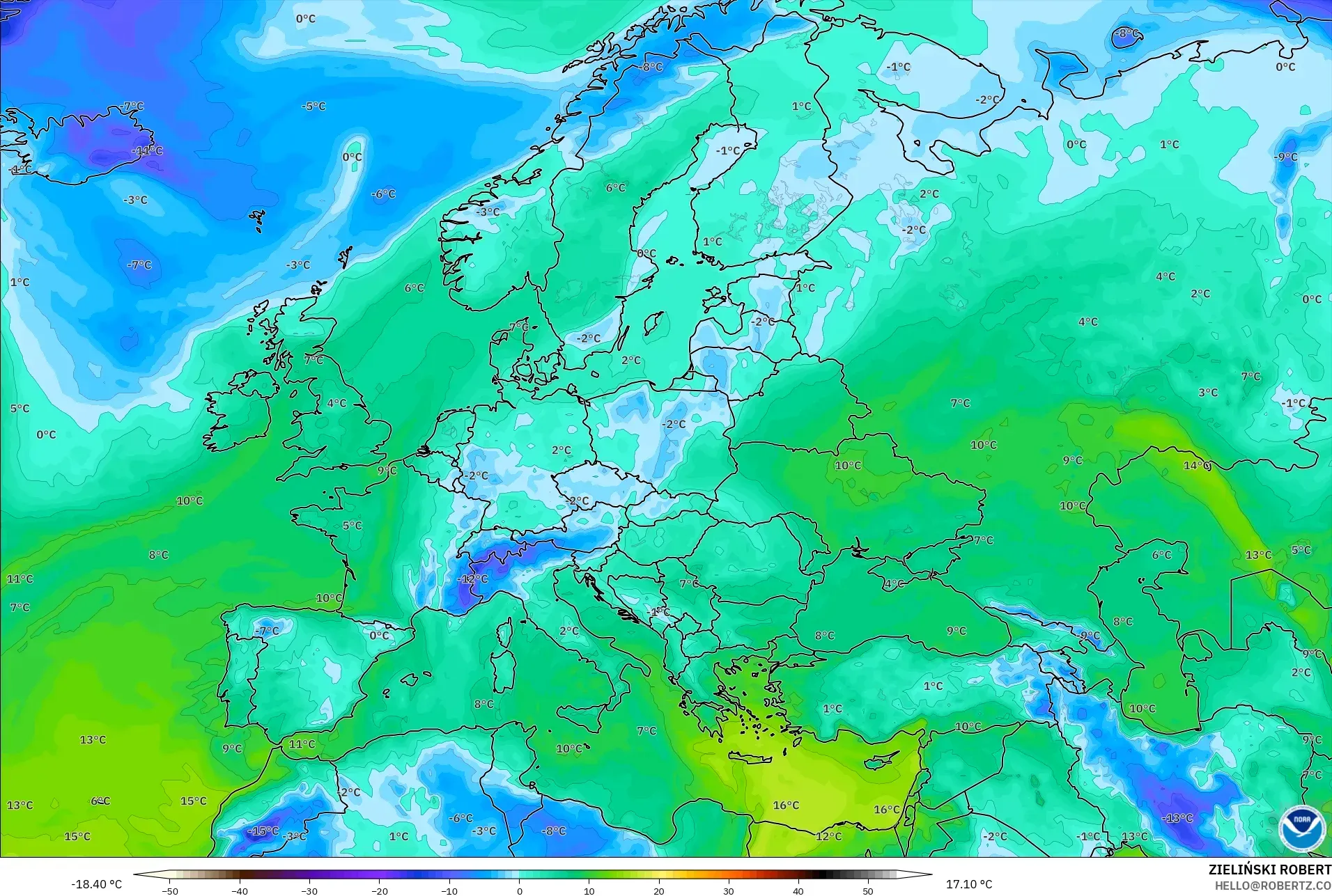 GFS modelo - Europa, Punto de rocío a 2 m