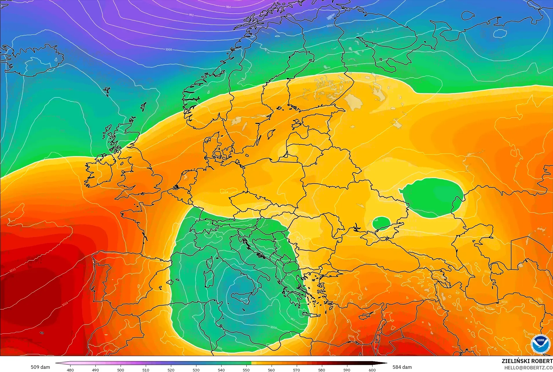 GFS modelo - Europa, Altura geopotencial a 500 hPa
