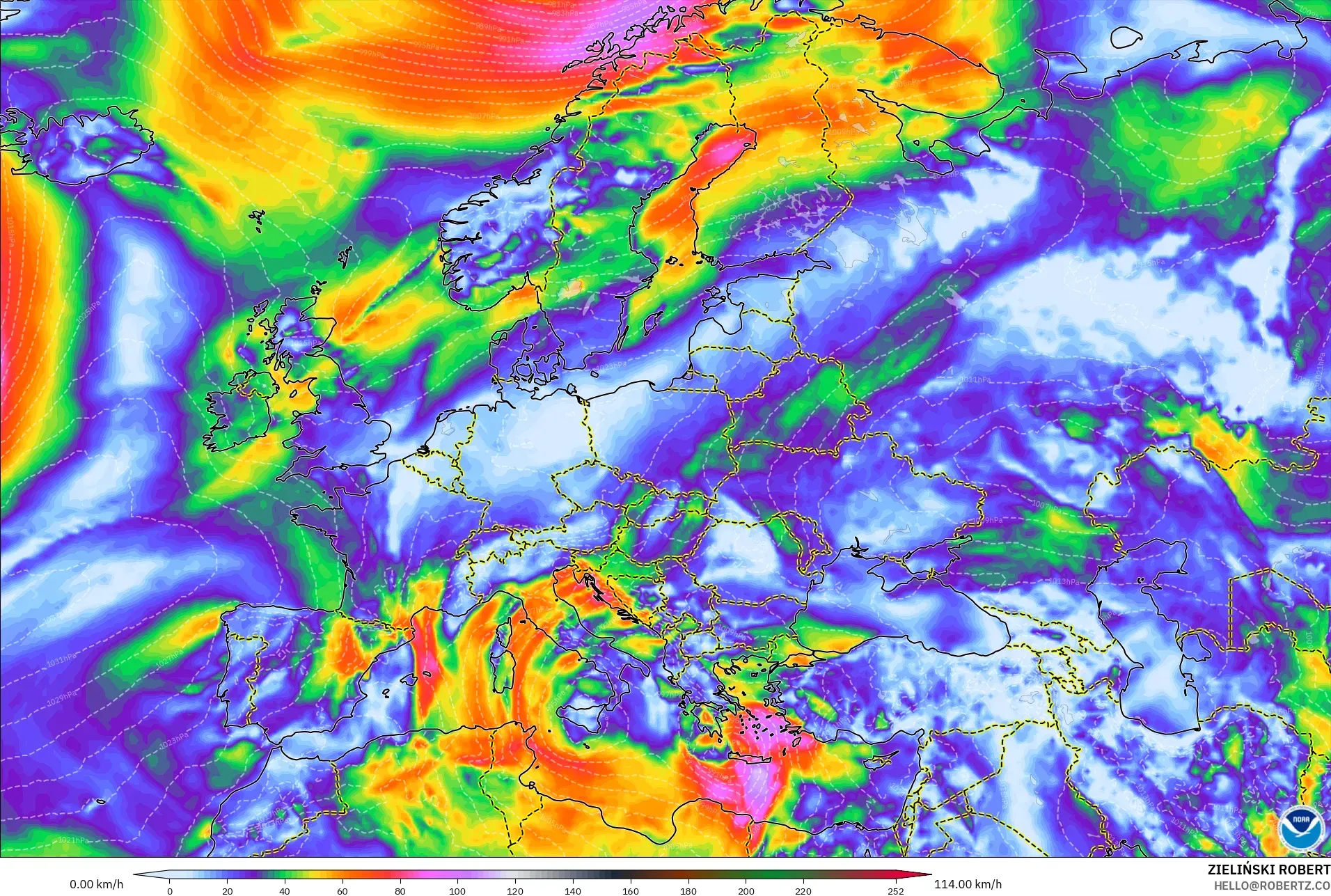 GFS modelo - Europa, Ráfagas de Viento Máximas