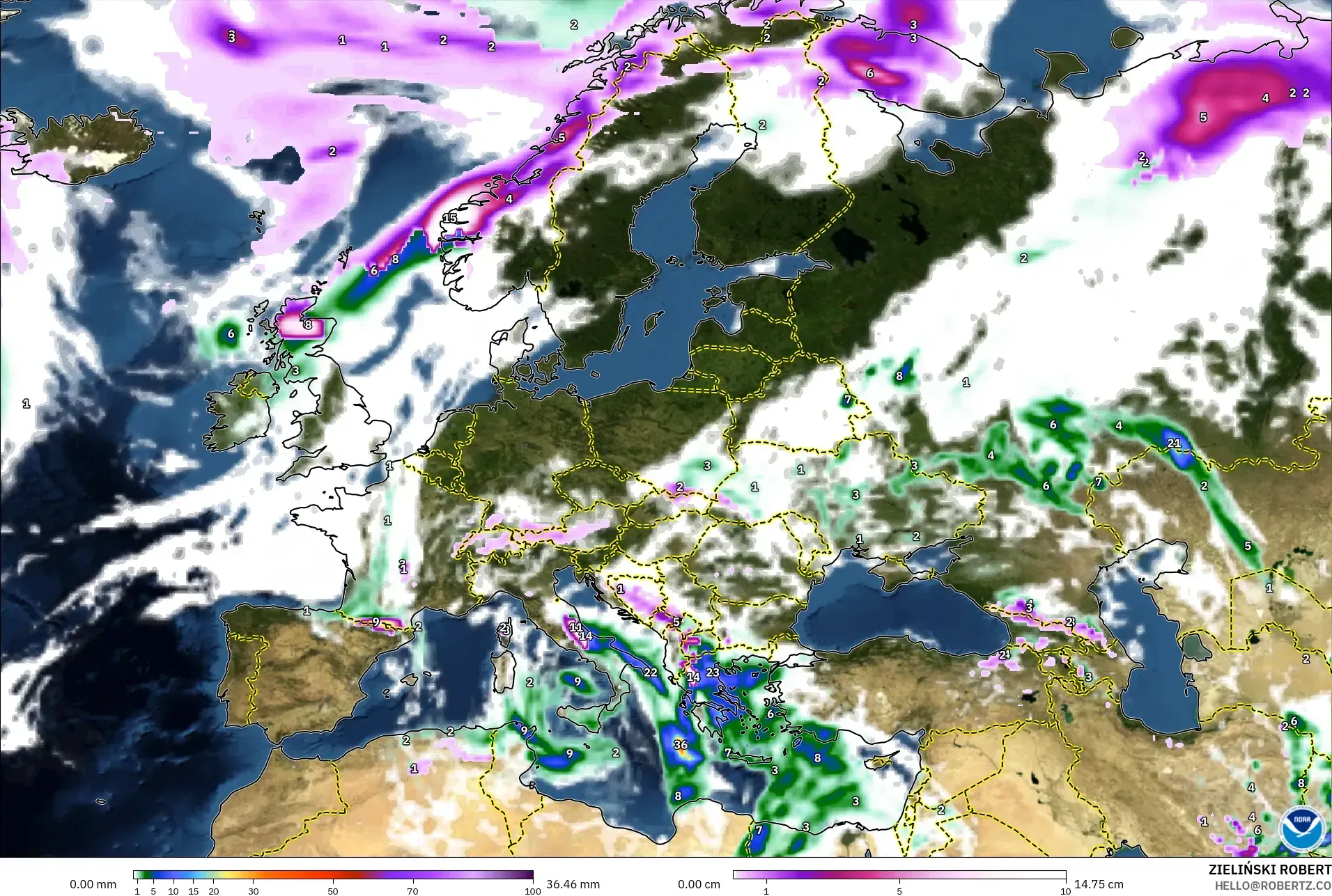 GFS modelo - Europa, Precipitación, nubes y presión