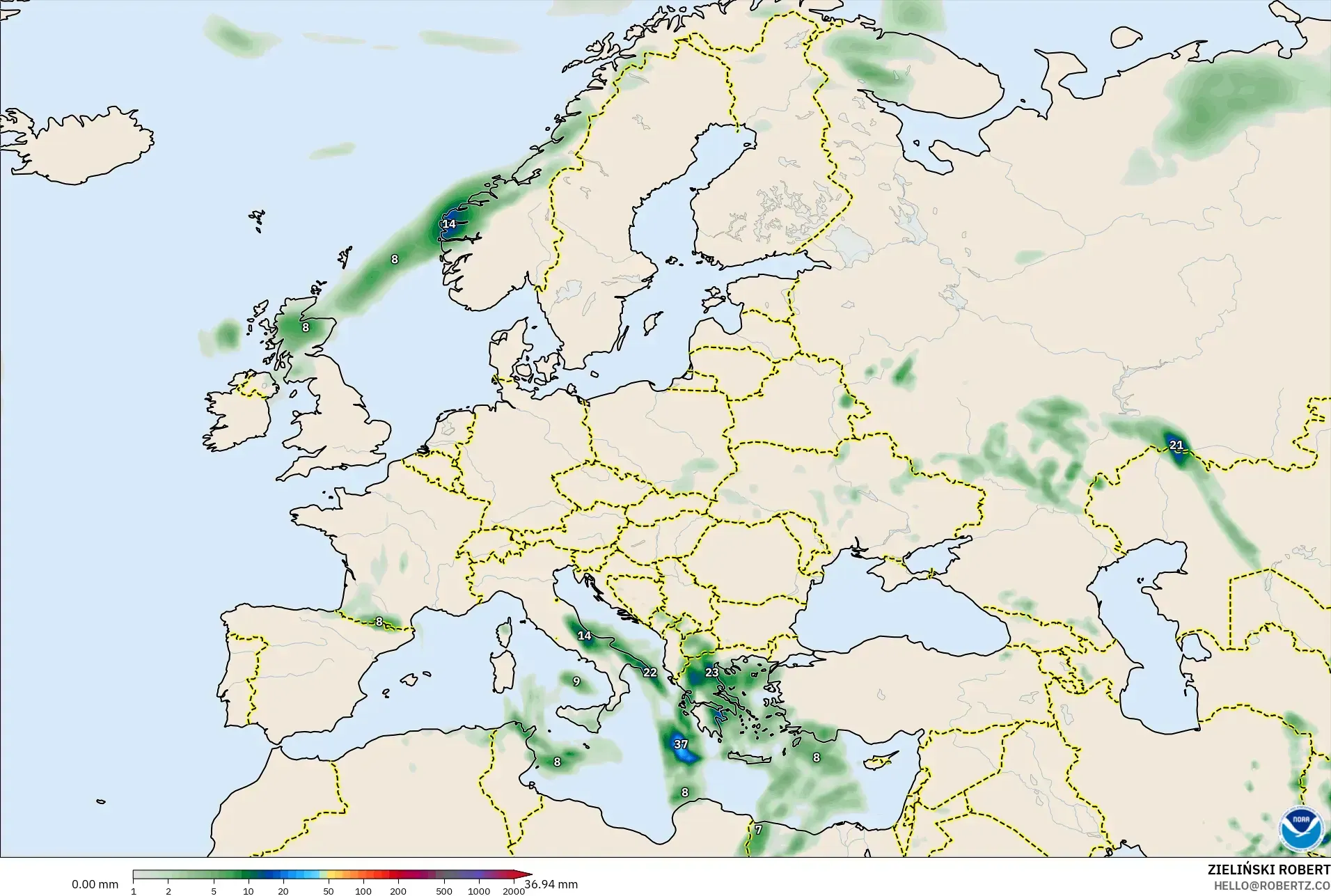 GFS modelo - Europa, Acumulación de precipitación