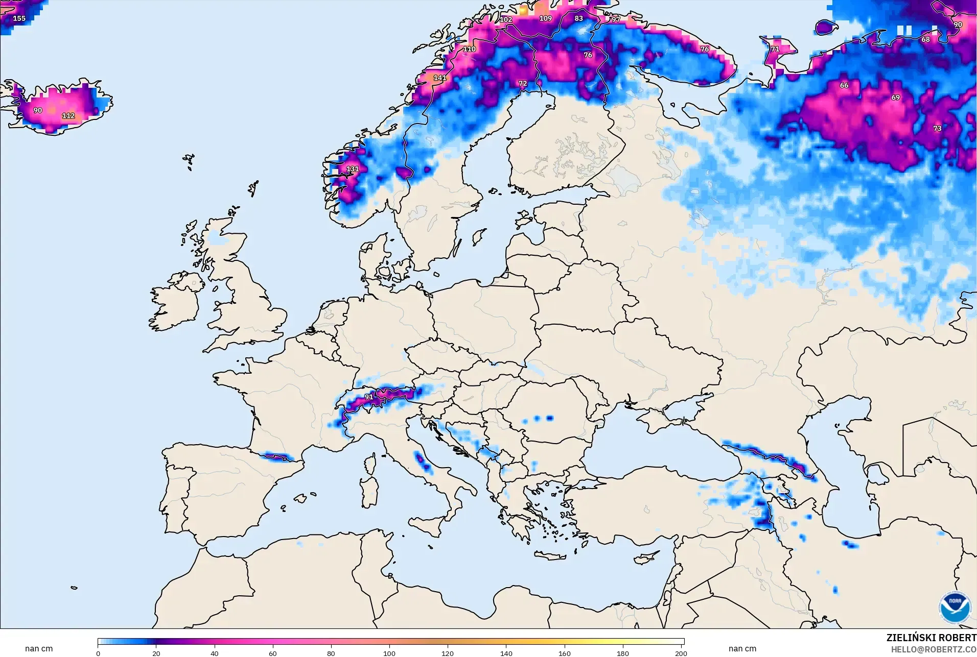 GFS modelo - Europa, Profundidad de nieve