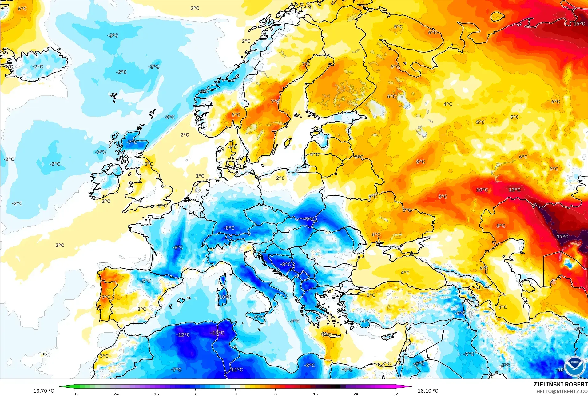 GFS modelo - Europa, Anomalía de temperatura a 2 m