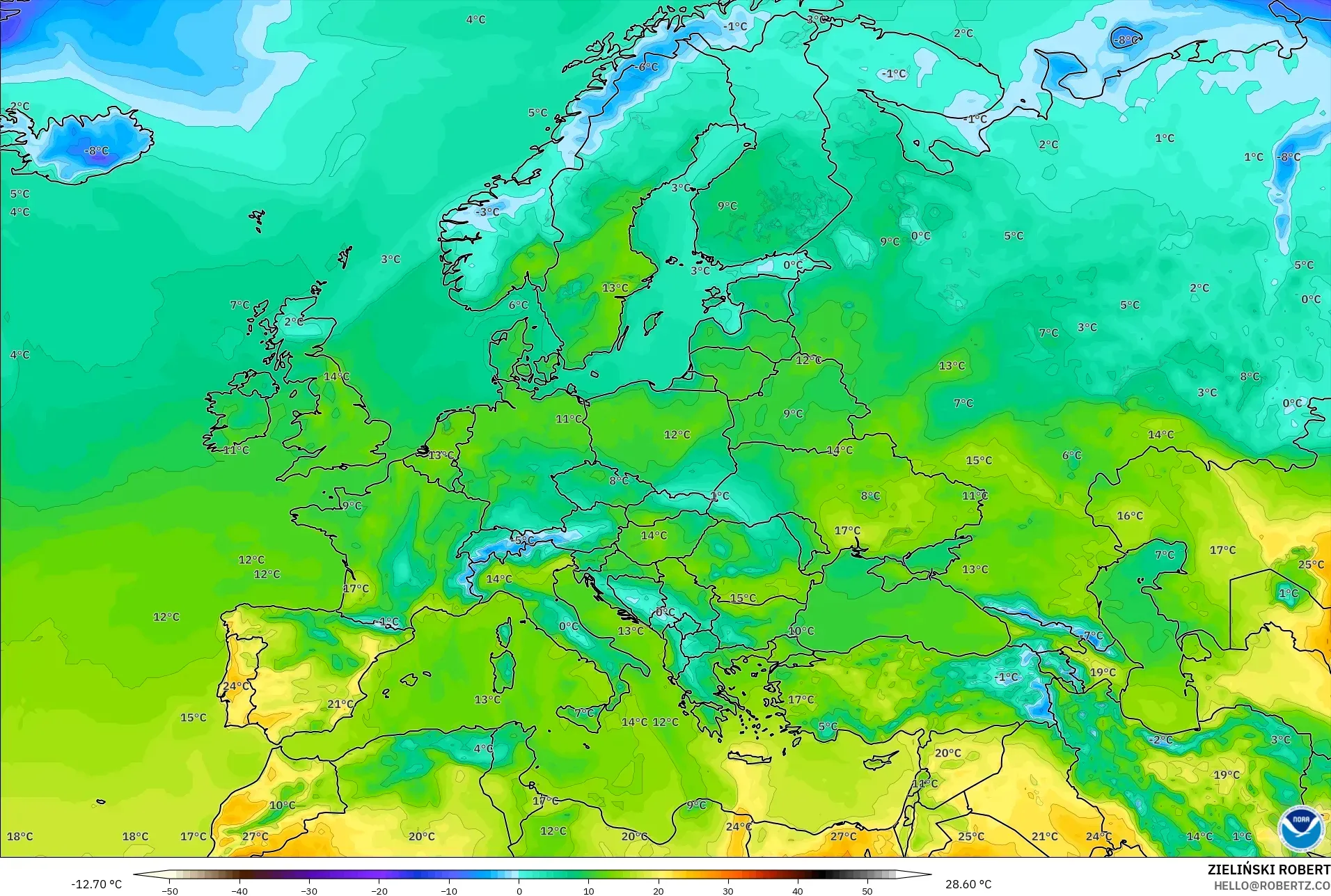 GFS modelo - Europa, Temperatura a 2 m