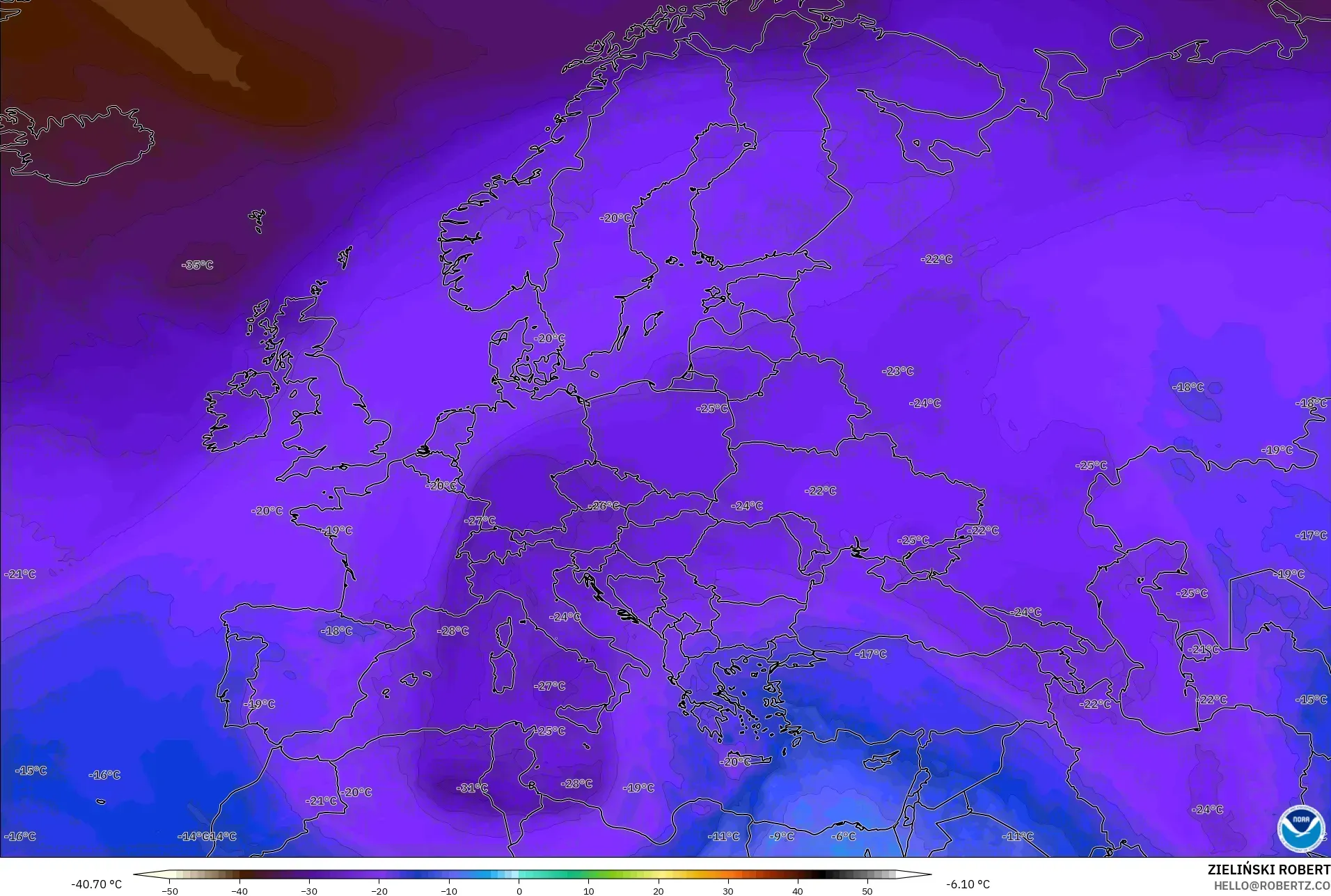GFS modelo - Europa, Temperatura a 500 hPa